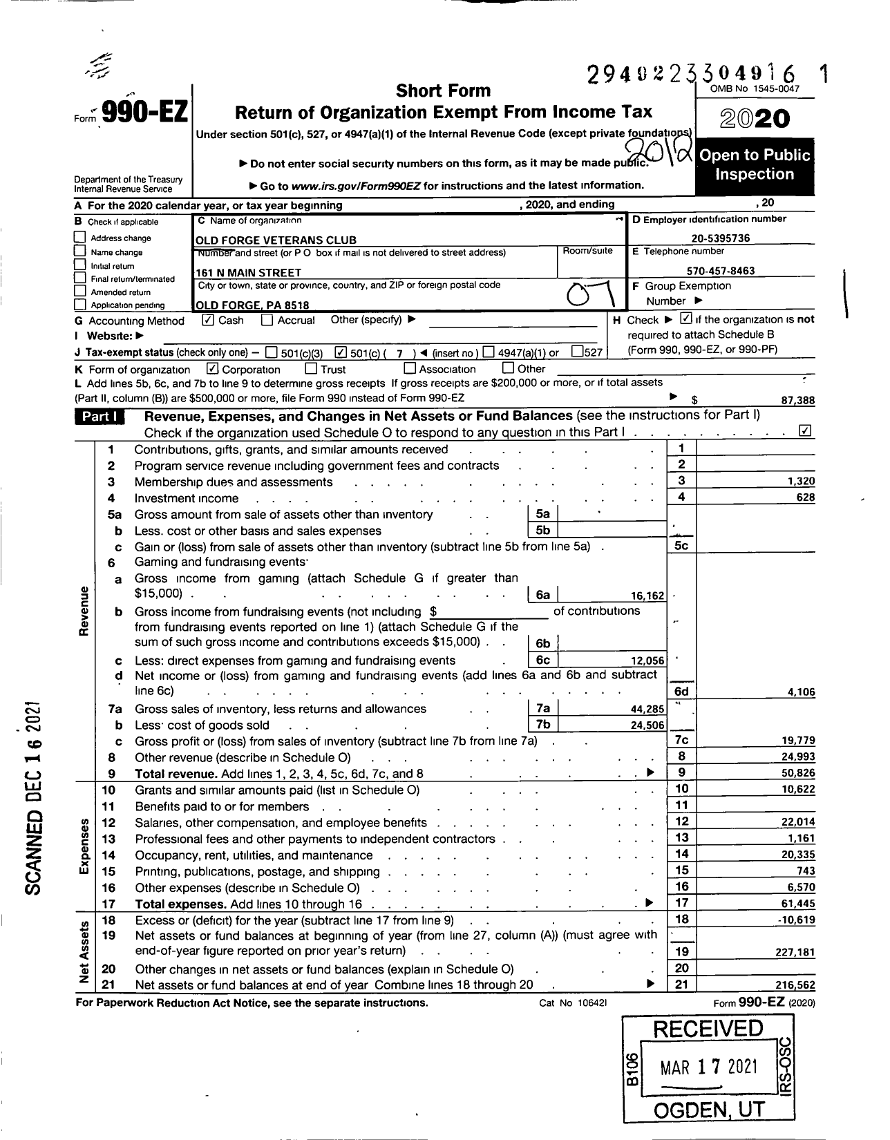 Image of first page of 2020 Form 990EO for Old Forge Veterans Club