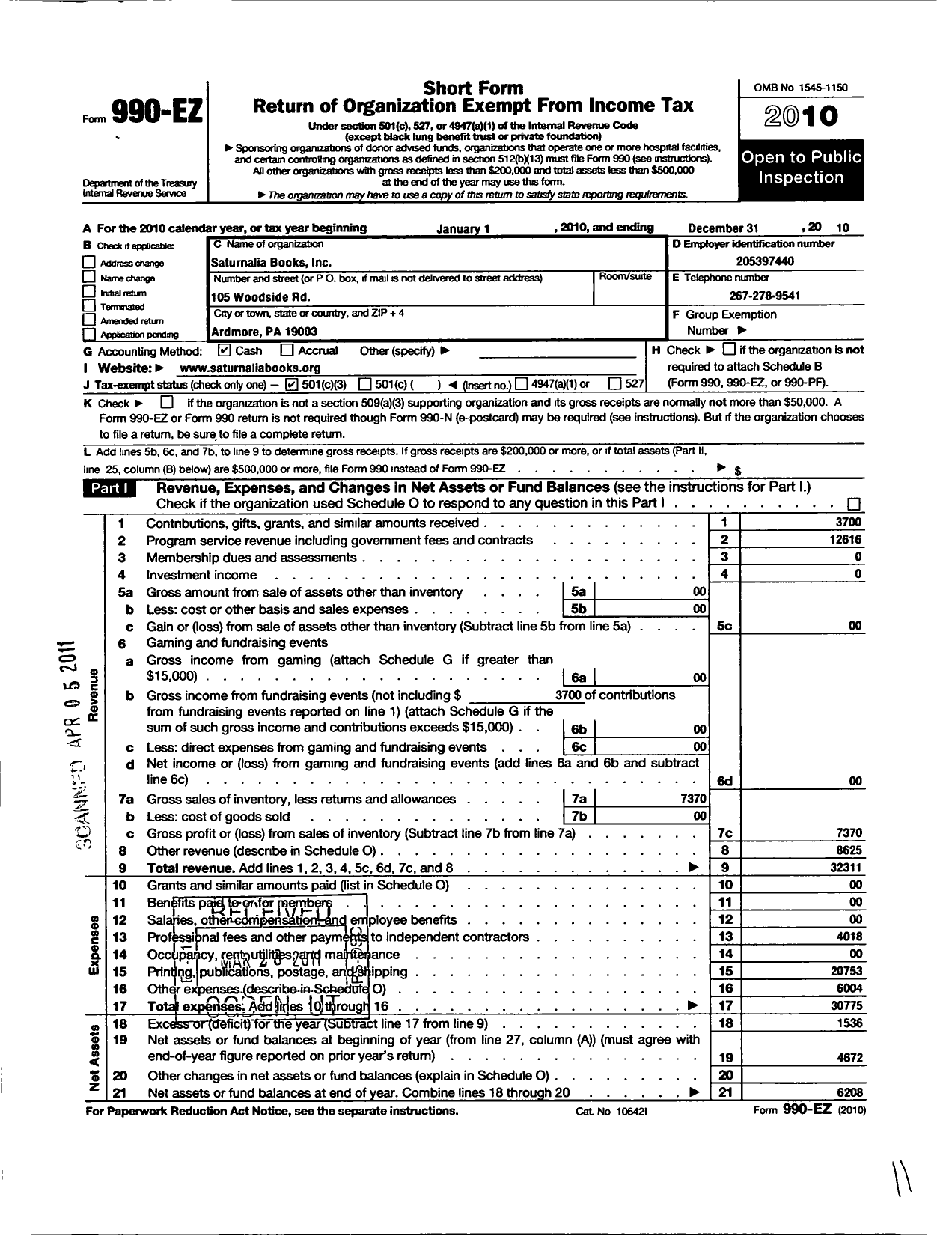 Image of first page of 2010 Form 990EZ for Saturnalia Books