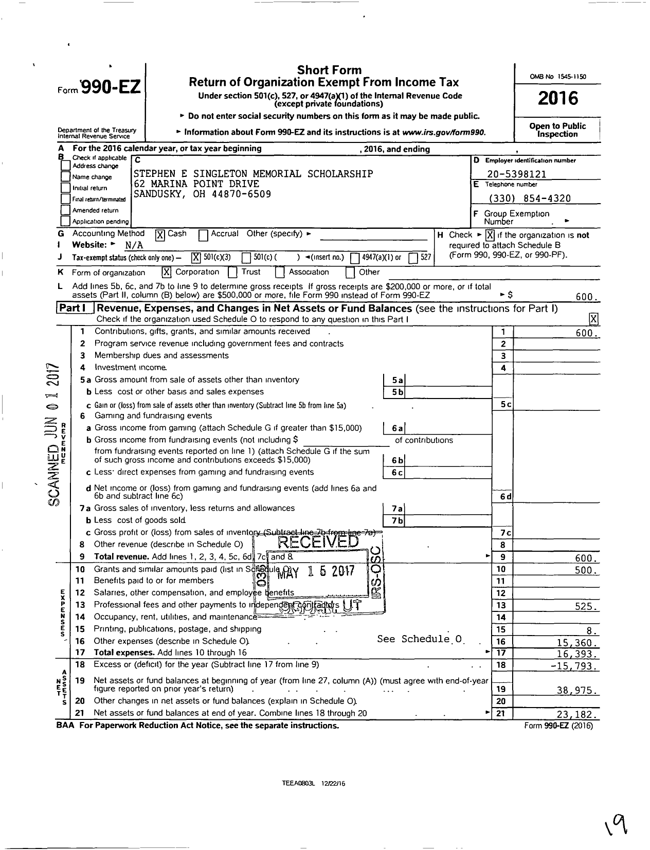 Image of first page of 2016 Form 990EZ for Stephen E Singleton Memorial Scholarship