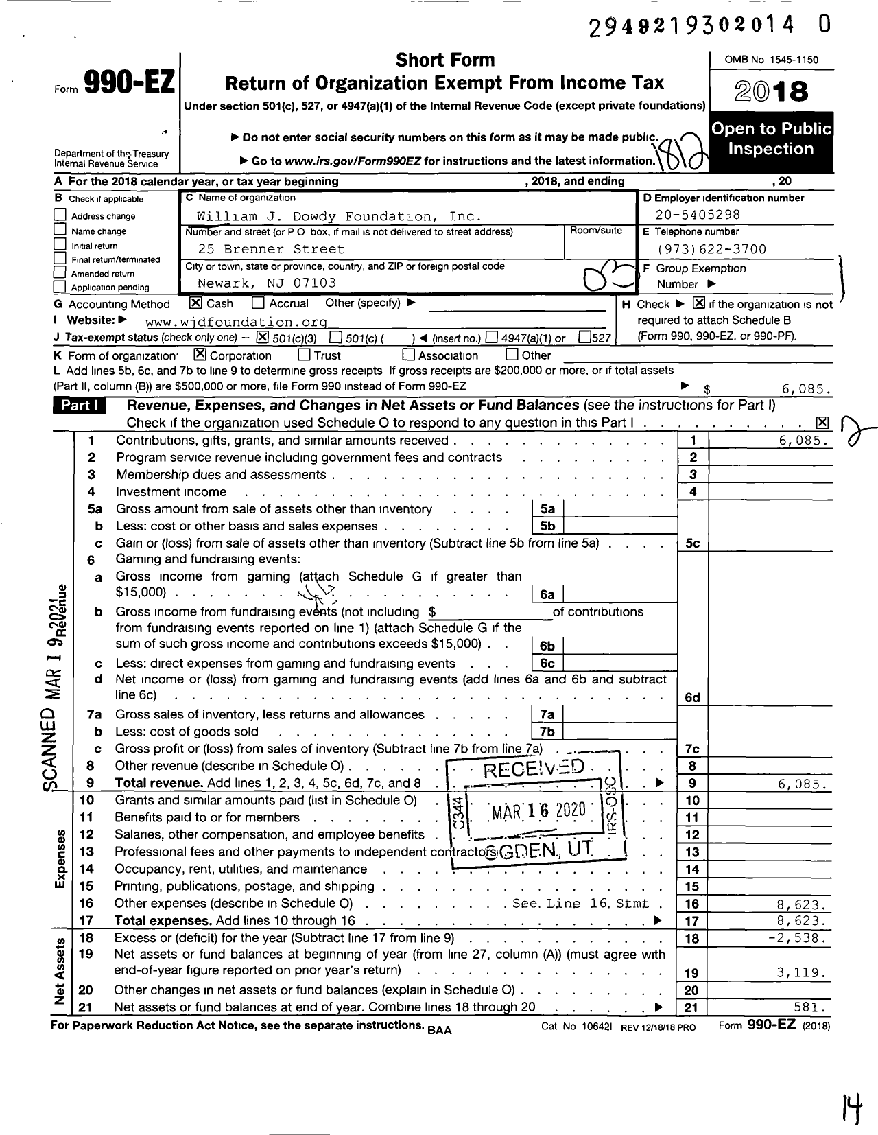 Image of first page of 2018 Form 990EZ for William J Dowdy Foundation