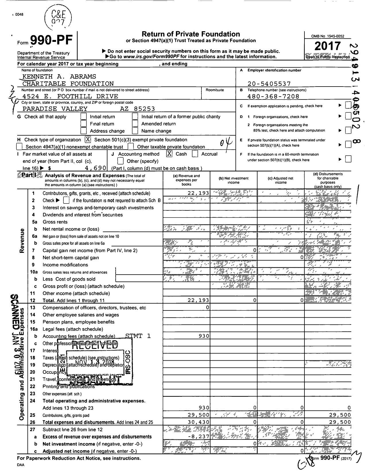Image of first page of 2017 Form 990PF for Kenneth A Abrams Charitable Foundation