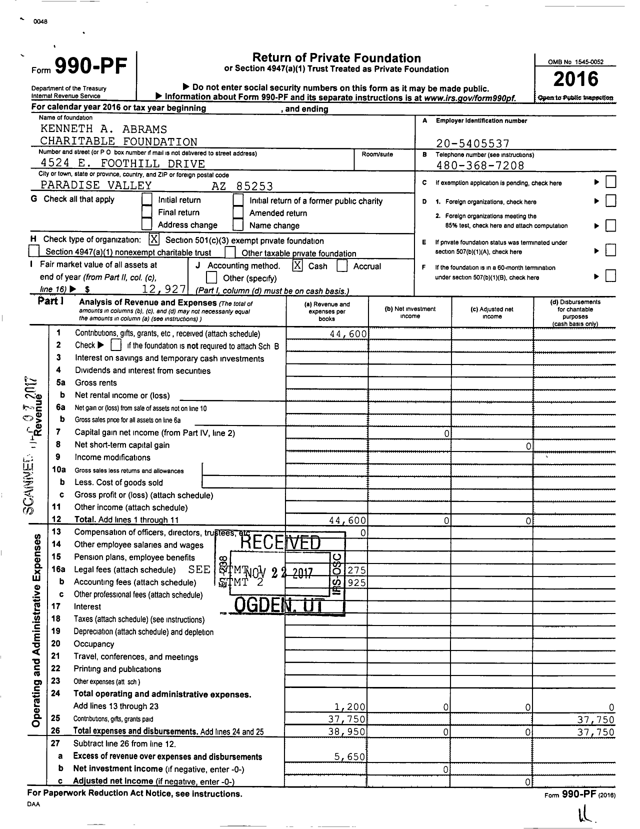 Image of first page of 2016 Form 990PF for Kenneth A Abrams Charitable Foundation