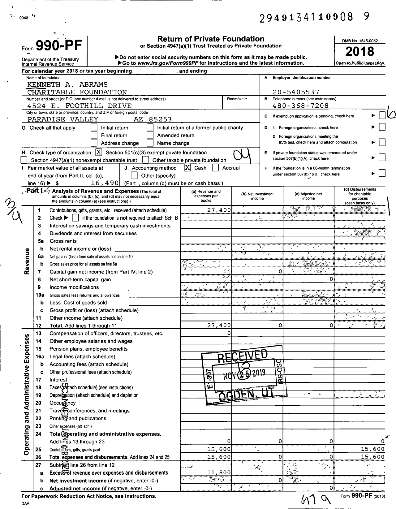 Image of first page of 2018 Form 990PF for Kenneth A Abrams Charitable Foundation