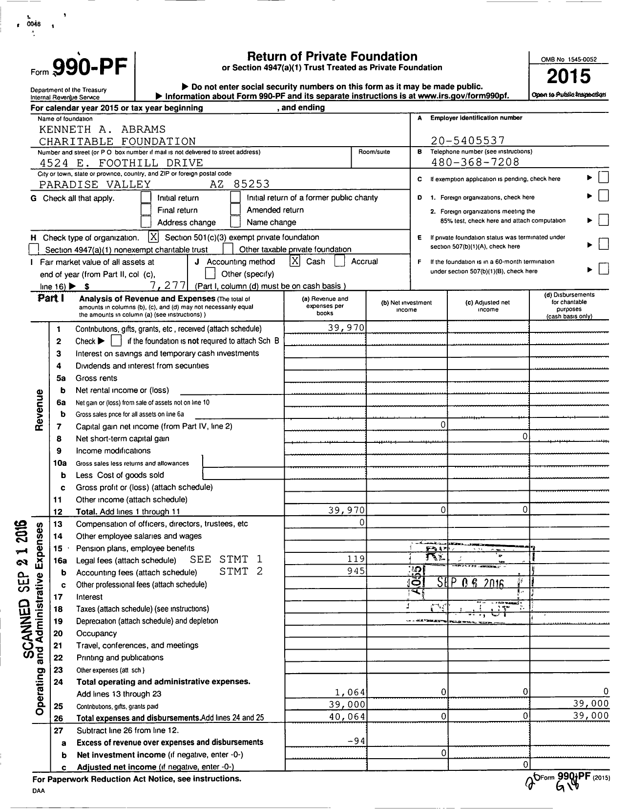 Image of first page of 2015 Form 990PF for Kenneth A Abrams Charitable Foundation