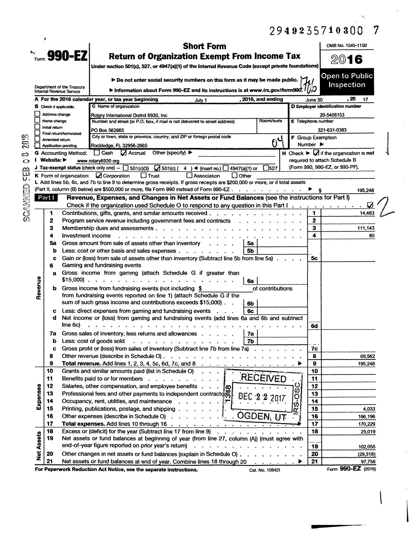 Image of first page of 2016 Form 990EO for Rotary International District 6930