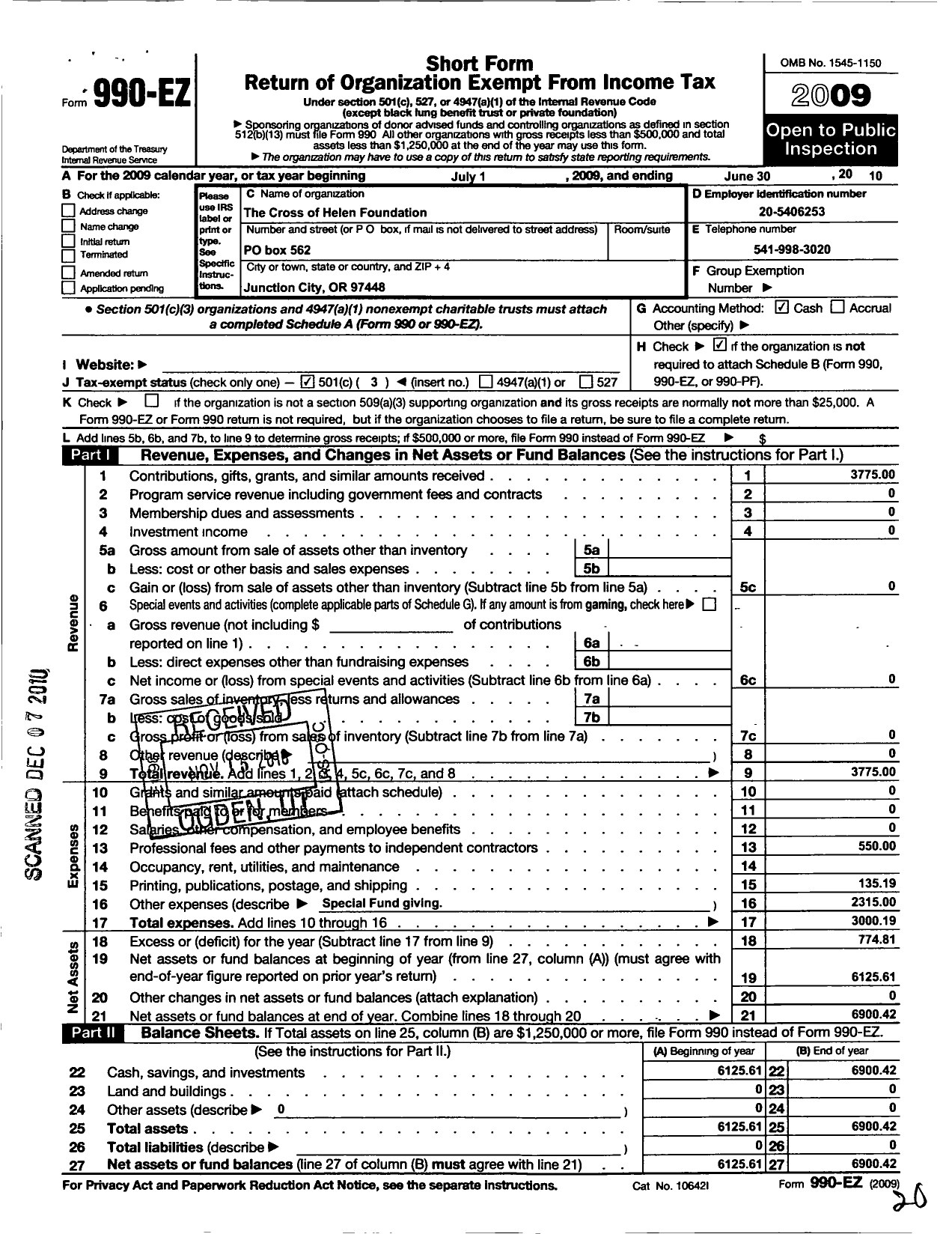 Image of first page of 2009 Form 990EZ for Cross of Helen Foundation