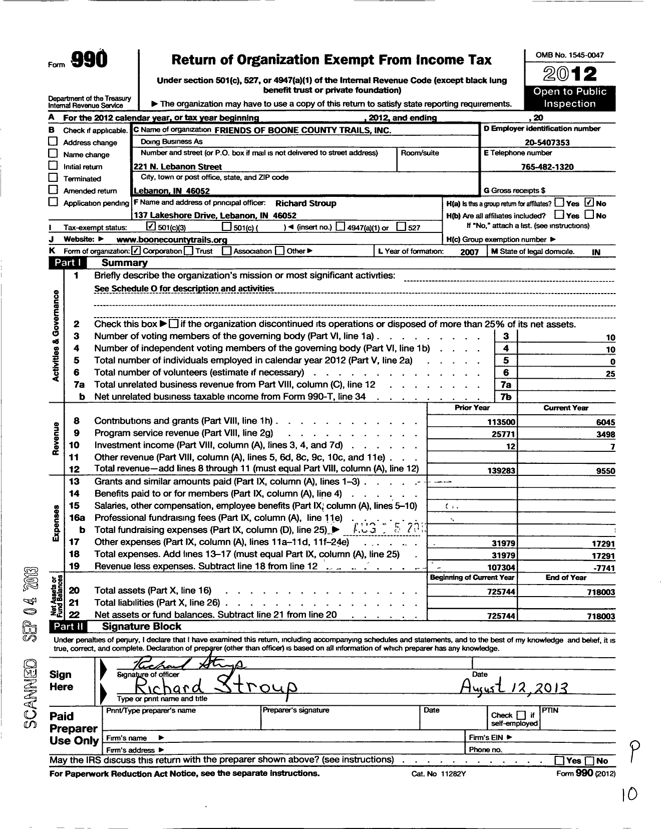 Image of first page of 2012 Form 990 for Friends of Boone County Trails