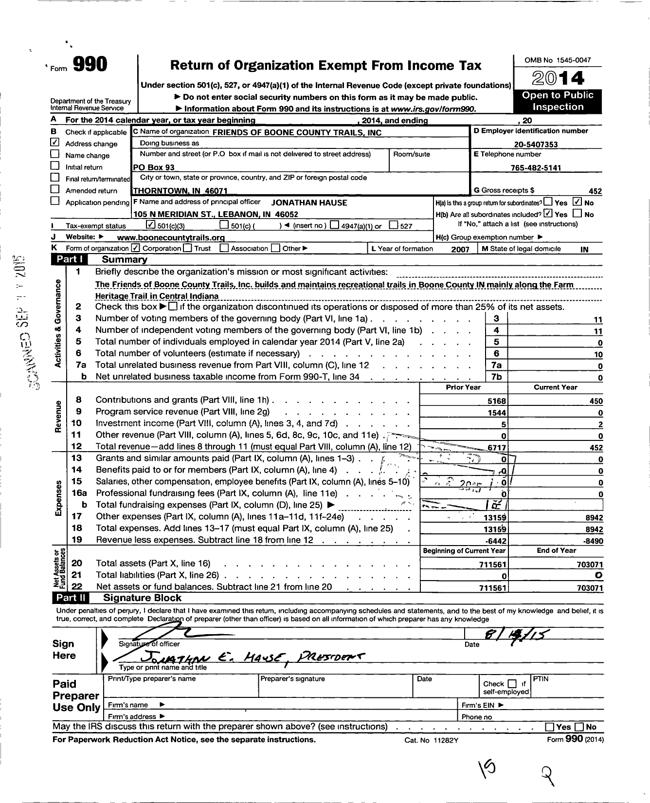 Image of first page of 2014 Form 990 for Friends of Boone County Trails