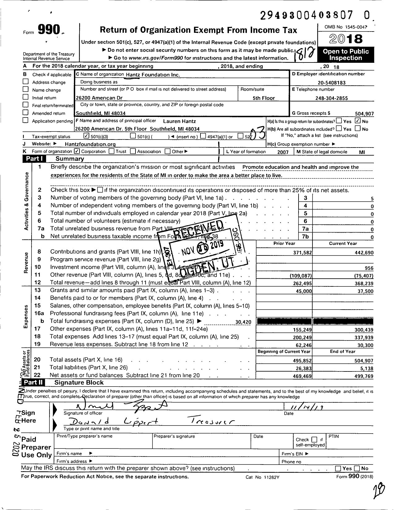 Image of first page of 2018 Form 990 for Hantz Foundation