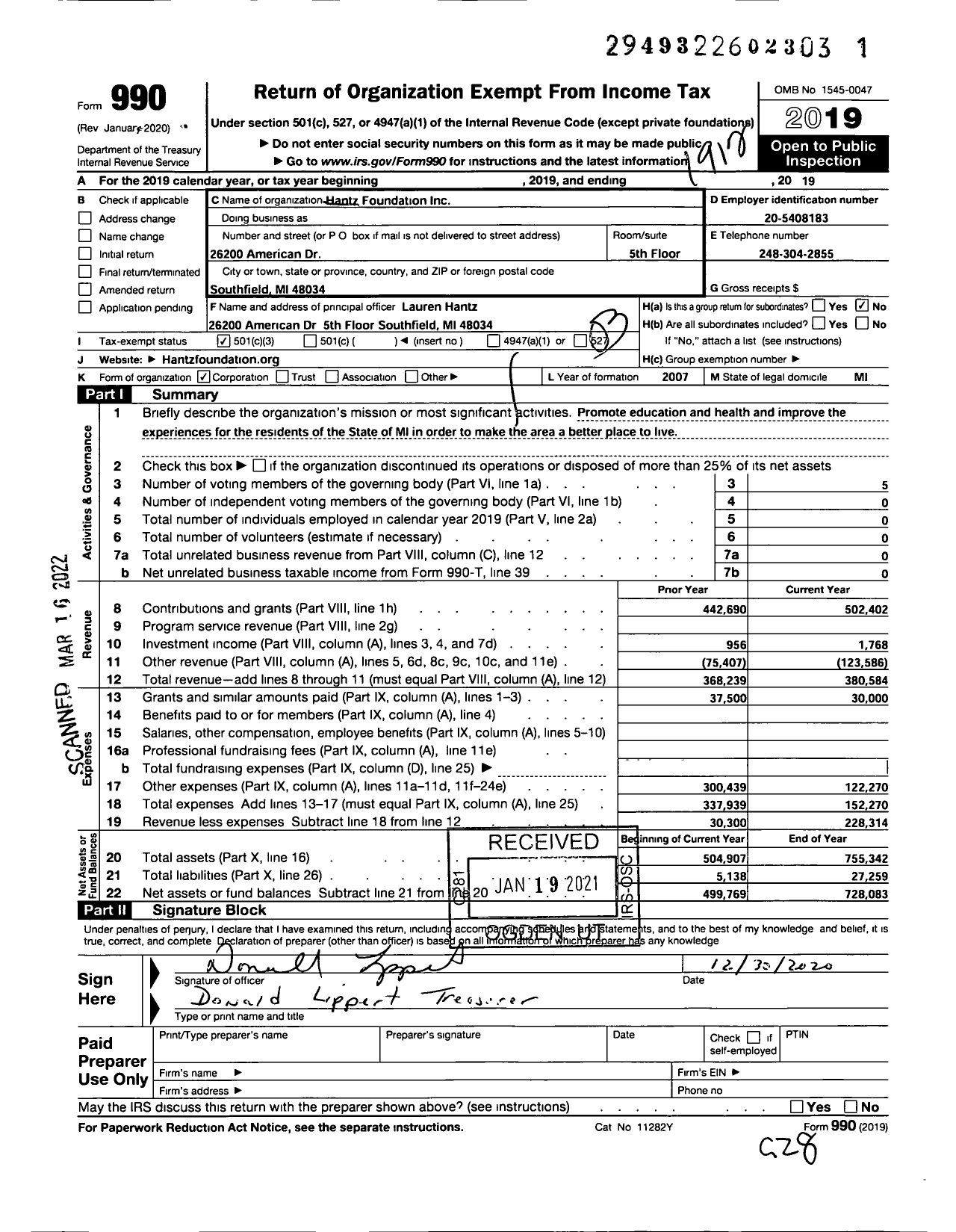 Image of first page of 2019 Form 990 for Hantz Foundation