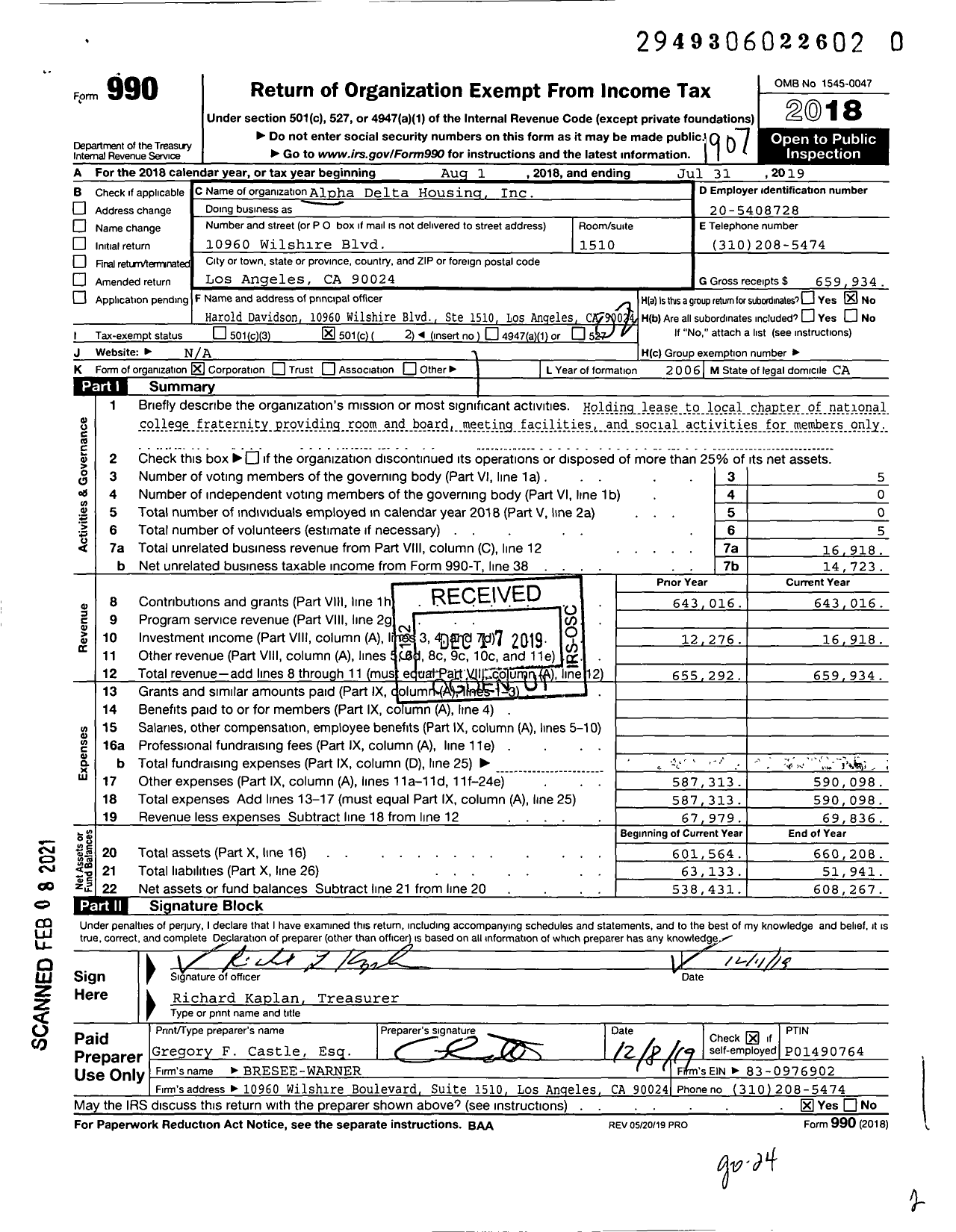 Image of first page of 2018 Form 990O for Alpha Delta Housing