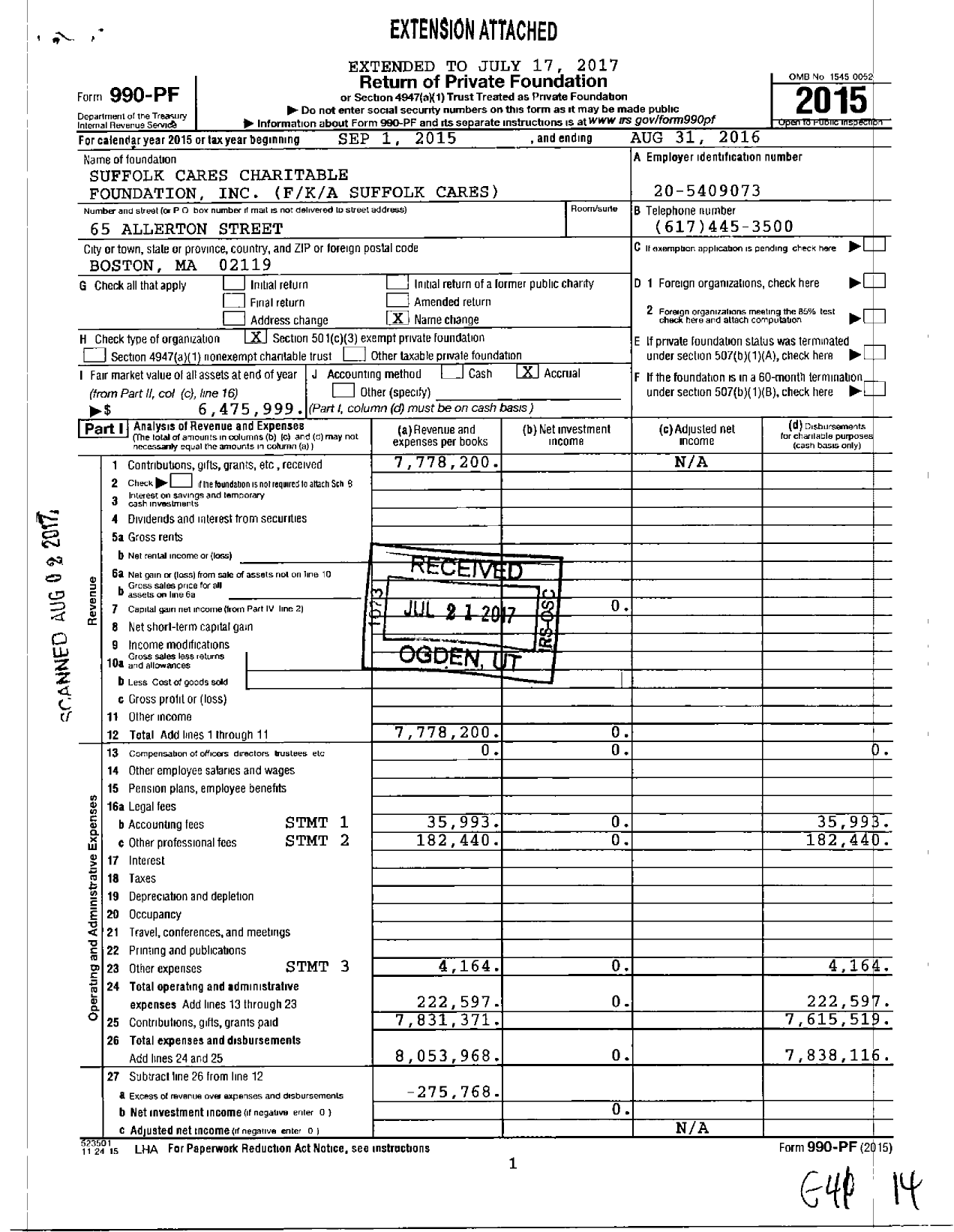 Image of first page of 2015 Form 990PF for Suffolk Cares Charitable Foundation