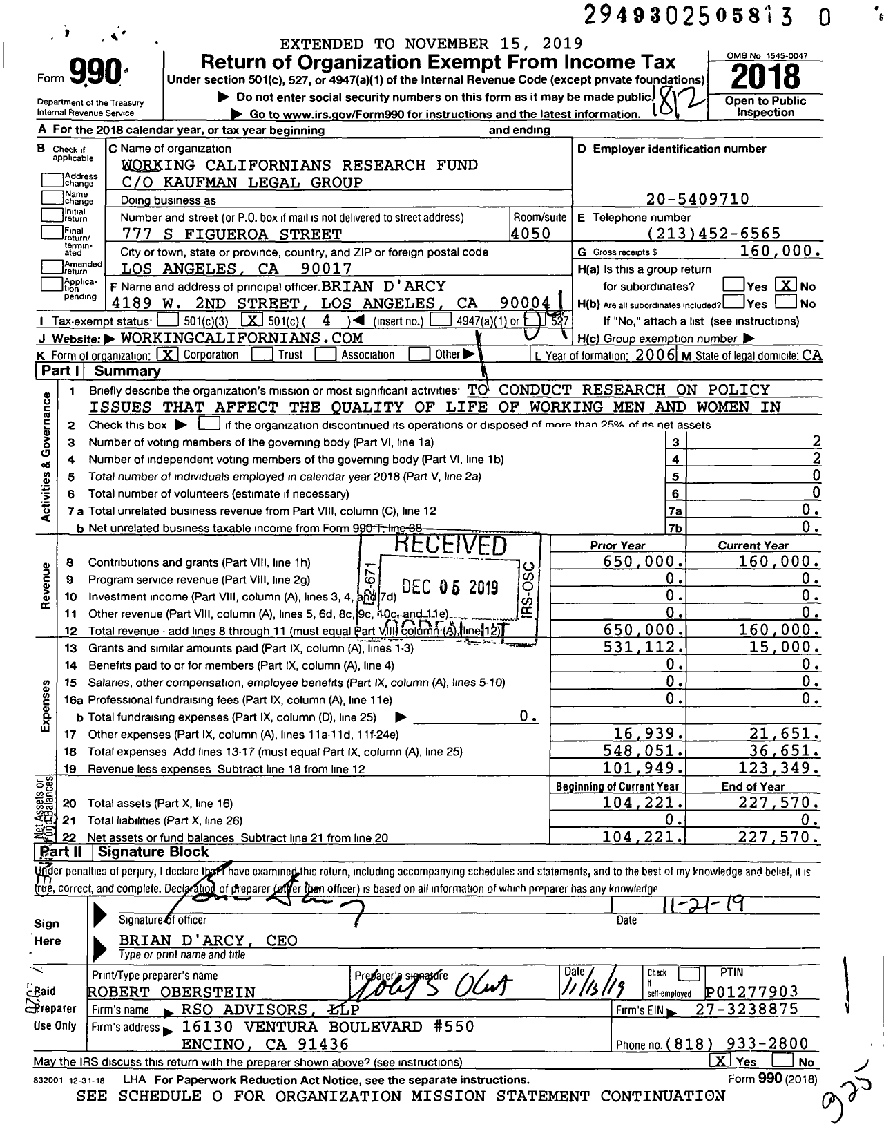 Image of first page of 2018 Form 990O for Working Californians Research Fund