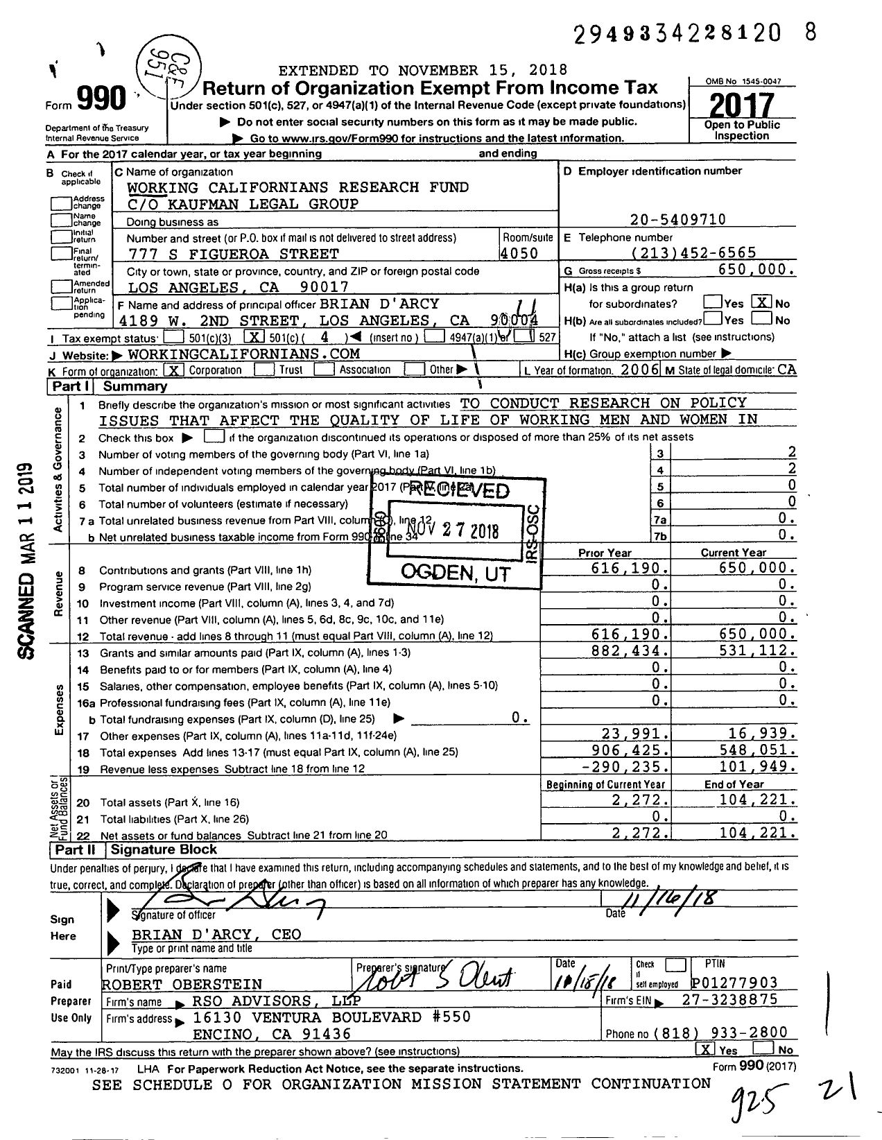 Image of first page of 2017 Form 990O for Working Californians Research Fund
