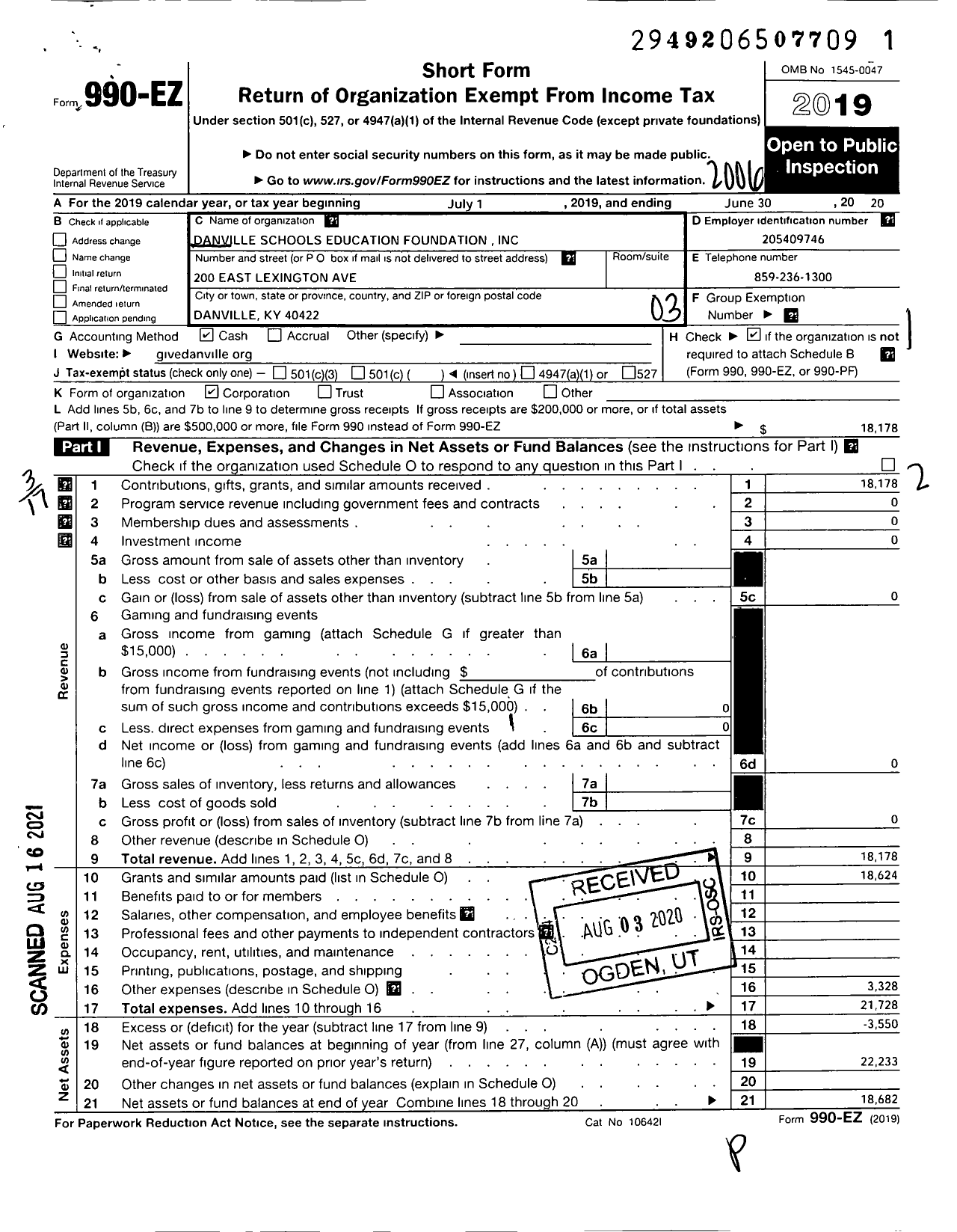 Image of first page of 2019 Form 990EZ for Danville Schools Education Foundation