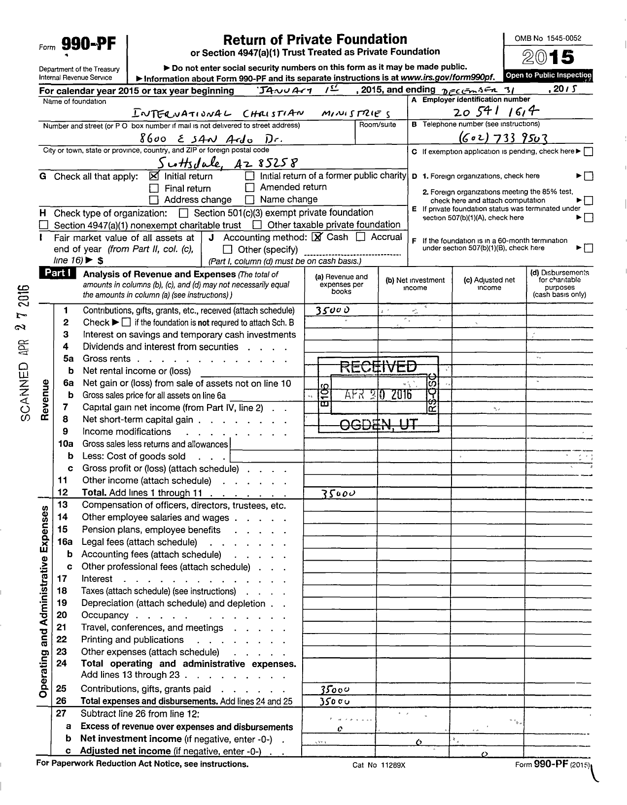 Image of first page of 2015 Form 990PF for International Christian Ministry