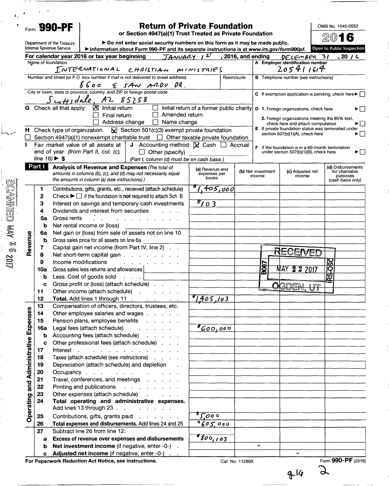 Image of first page of 2016 Form 990PF for International Christian Ministry