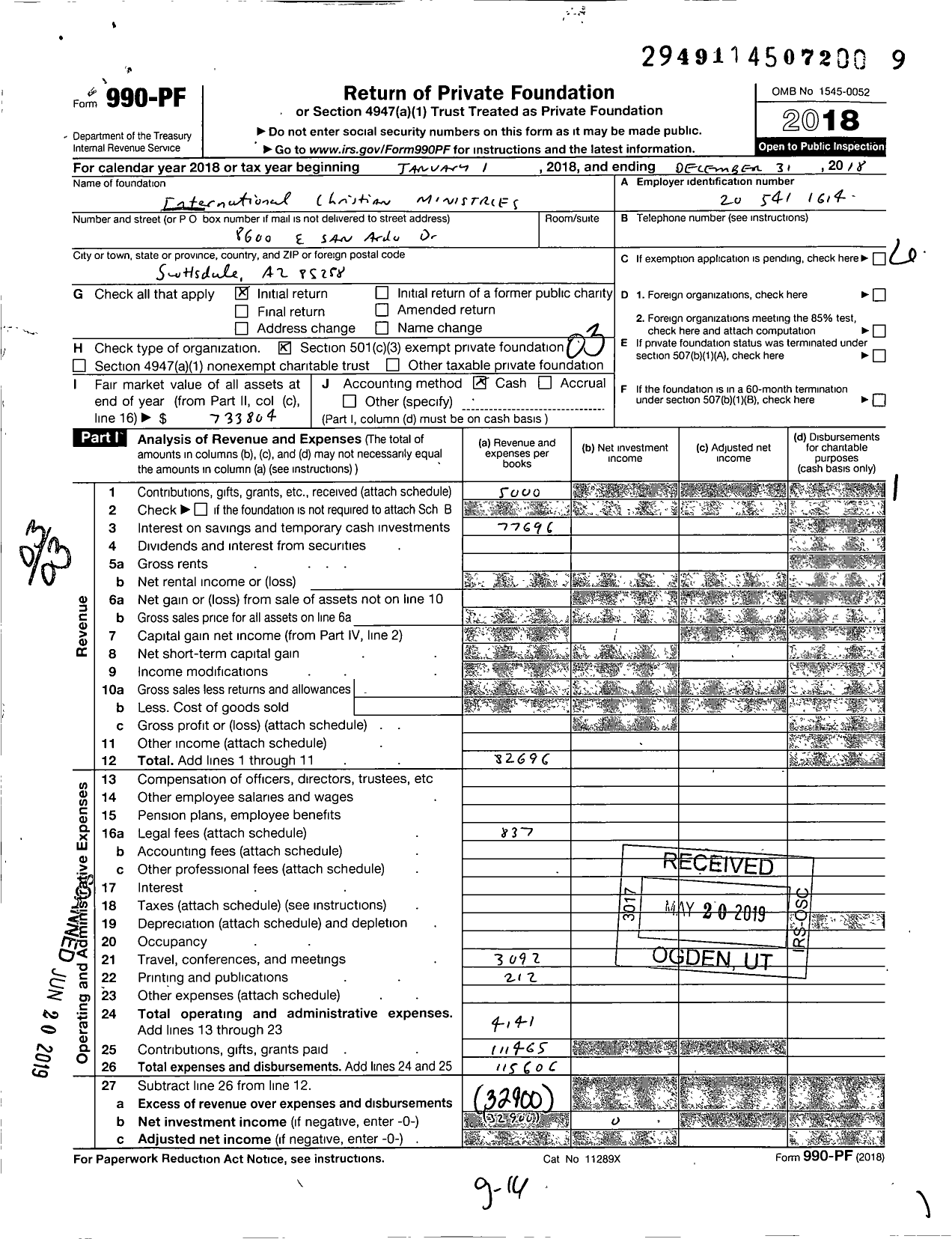 Image of first page of 2018 Form 990PF for International Christian Ministry