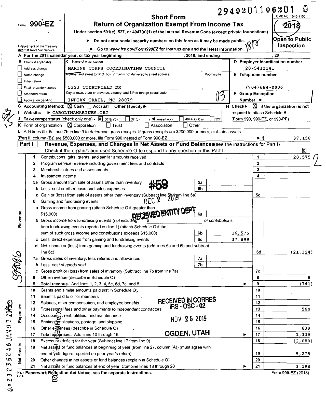 Image of first page of 2018 Form 990EZ for Marine Corps Coordinating Council of Greater Charlotte