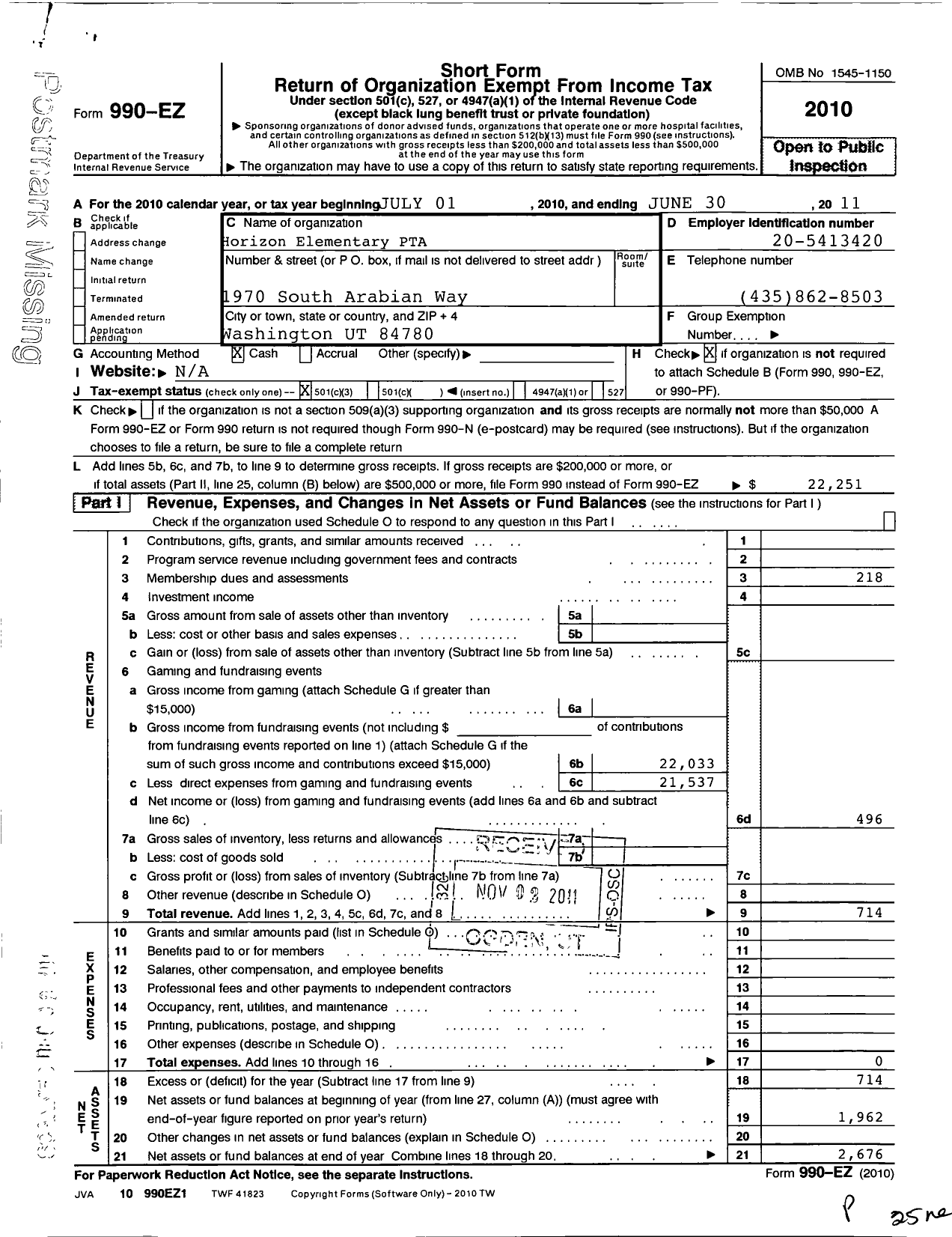 Image of first page of 2010 Form 990EZ for PTA Utah Congress / Horizon Elementary PTA