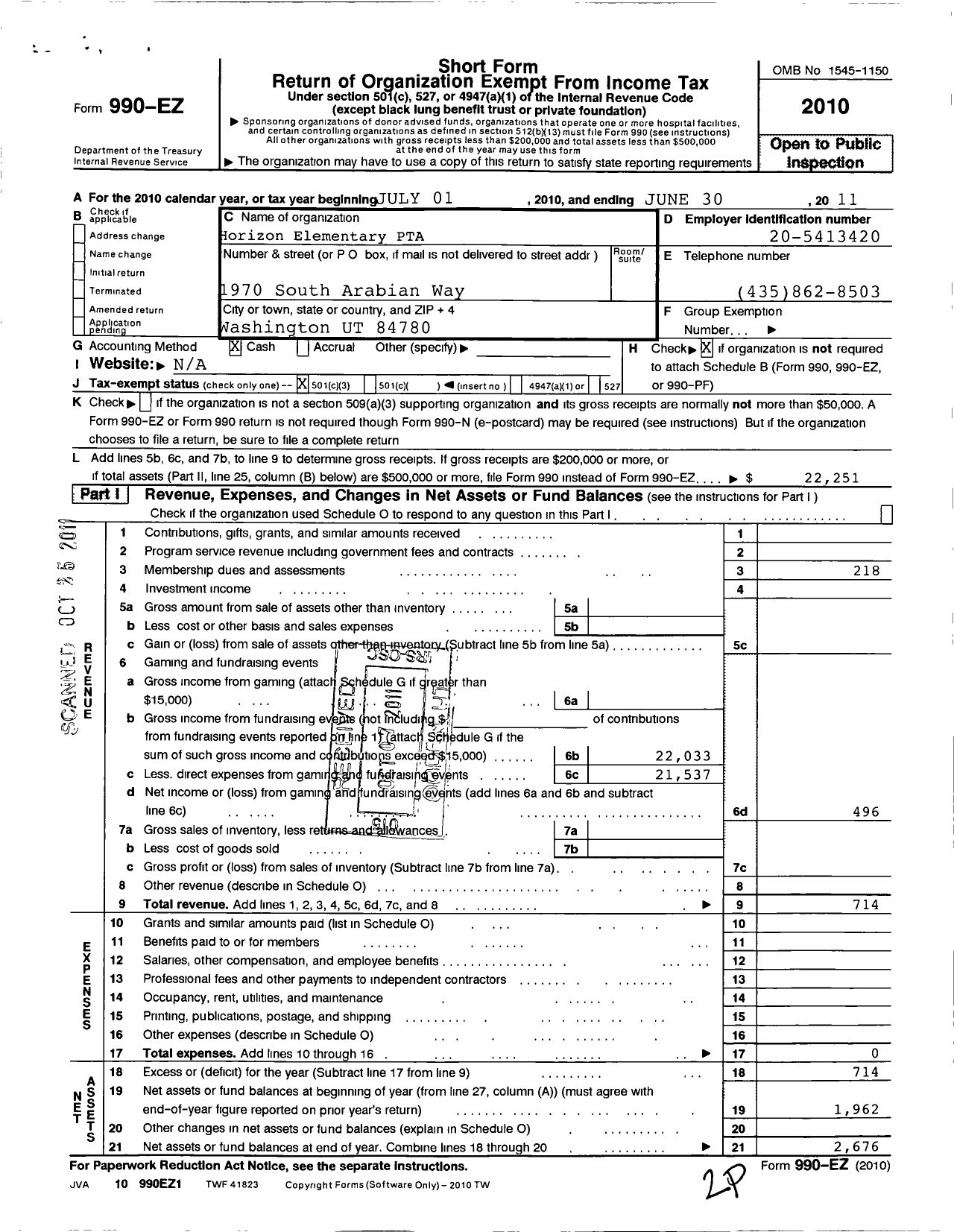 Image of first page of 2010 Form 990EZ for PTA Utah Congress / Horizon Elementary PTA