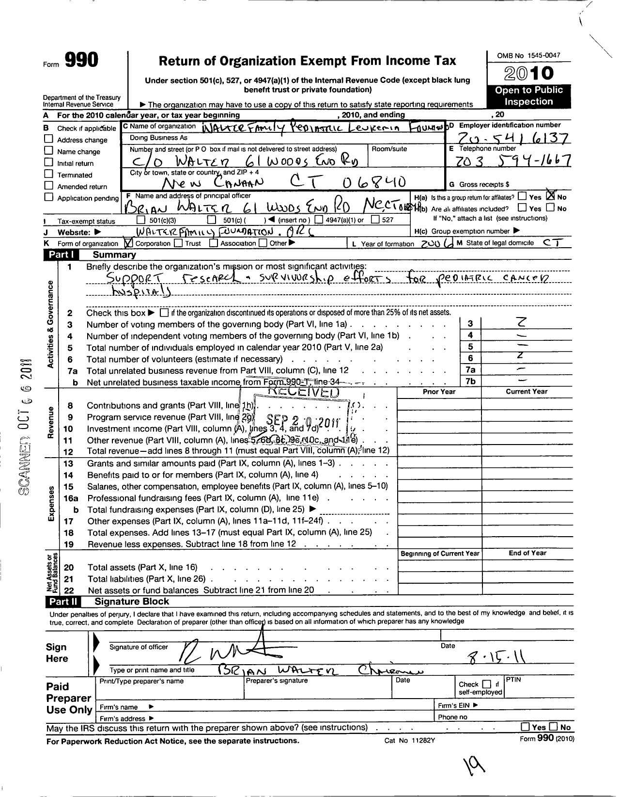 Image of first page of 2010 Form 990 for Walter Family Pediatric Leukemiafoundation