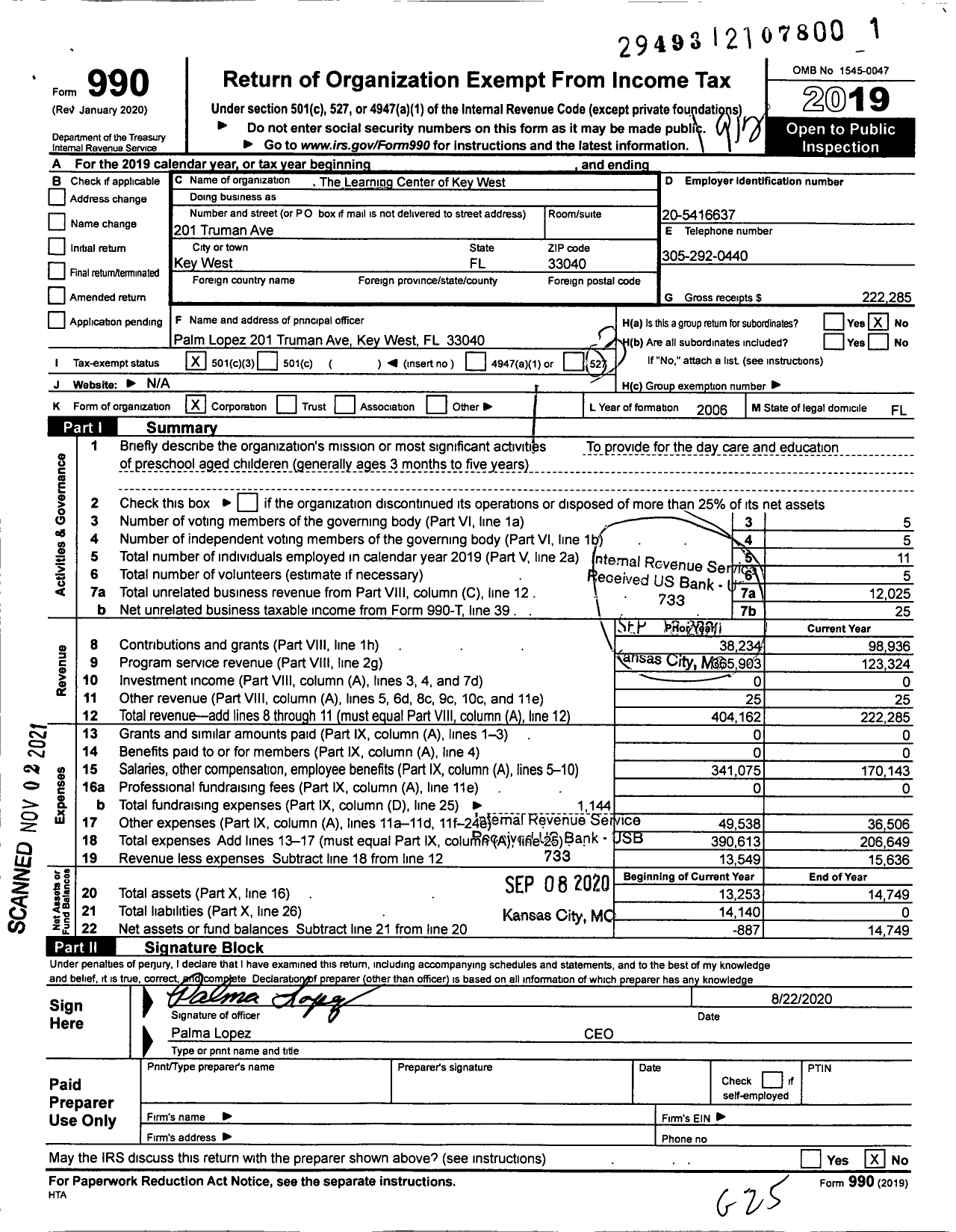 Image of first page of 2019 Form 990 for The Learning Center of Key West
