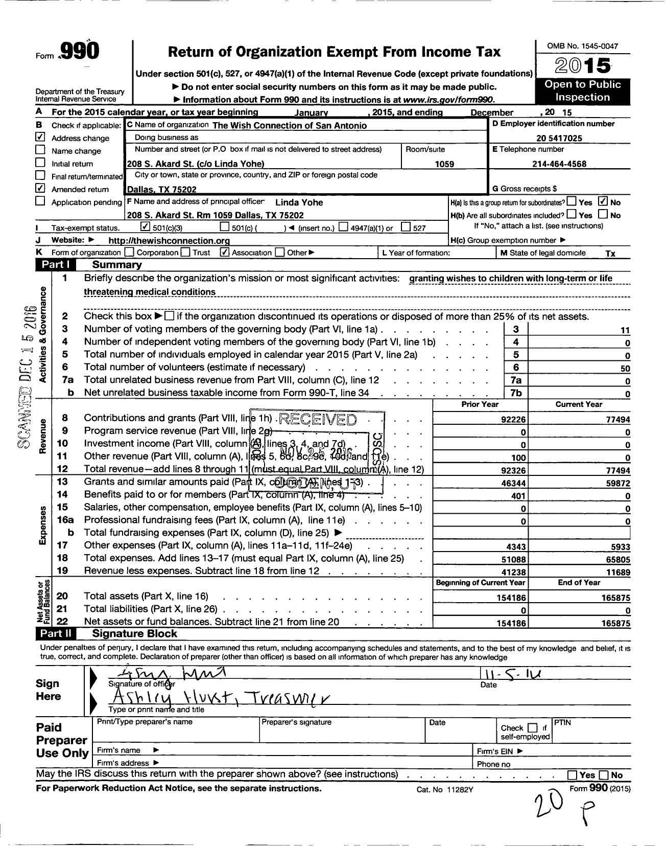 Image of first page of 2015 Form 990 for Wish Connection of San Antonio