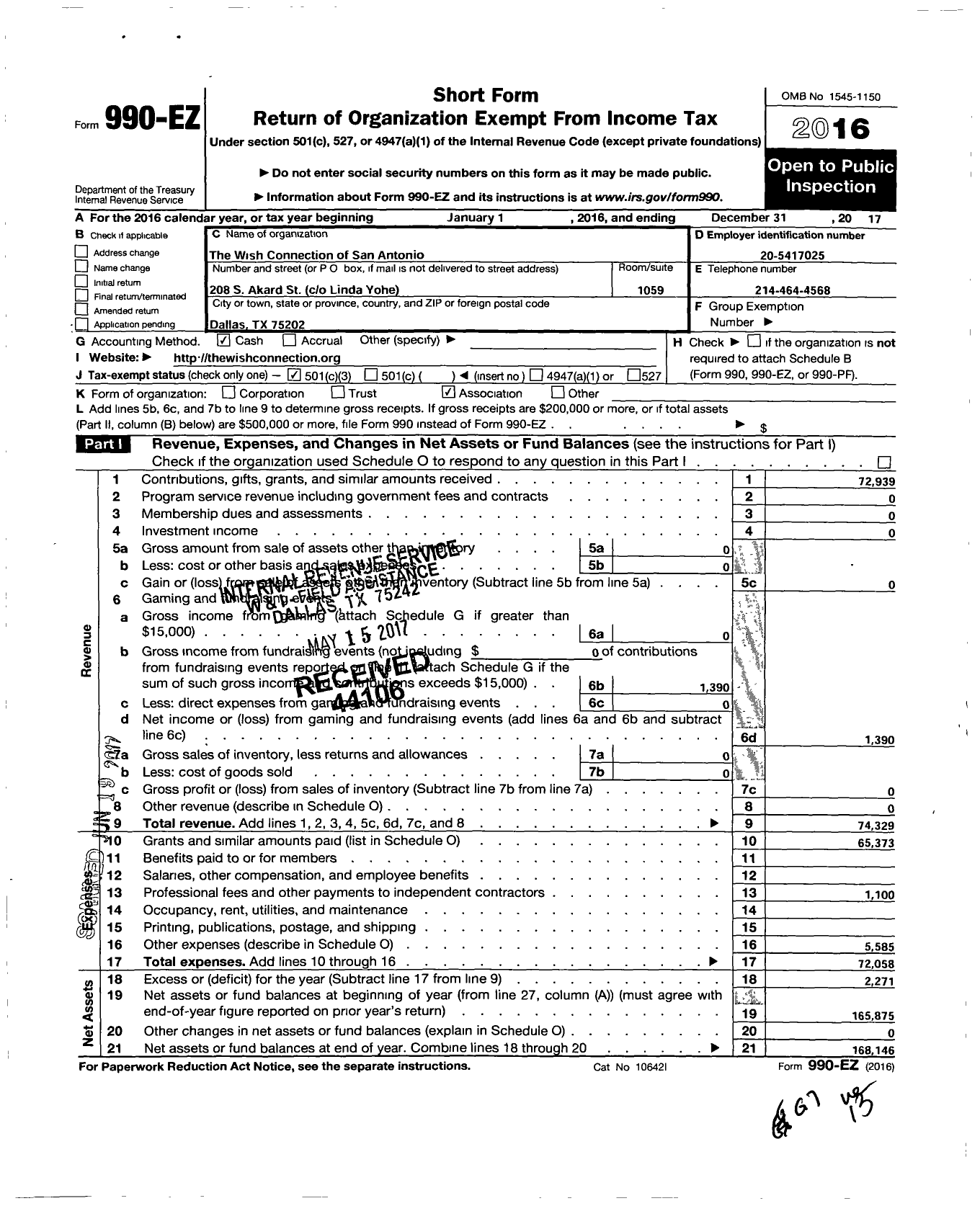 Image of first page of 2017 Form 990EZ for Wish Connection of San Antonio