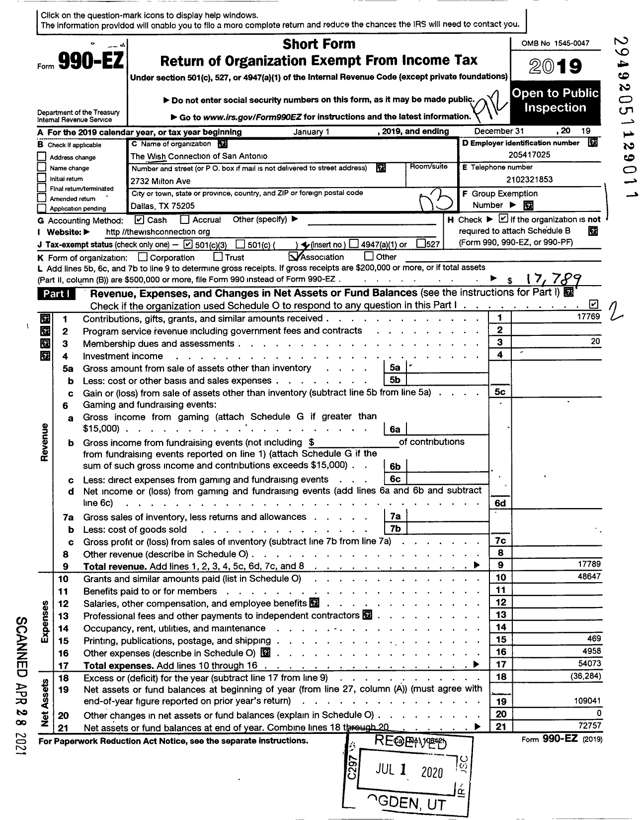 Image of first page of 2019 Form 990EZ for Wish Connection of San Antonio