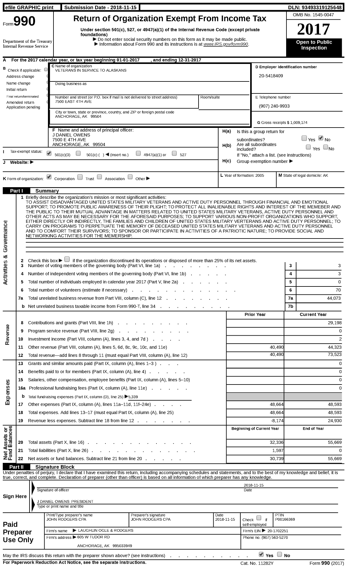 Image of first page of 2017 Form 990 for Veterans in Service To Alaskans