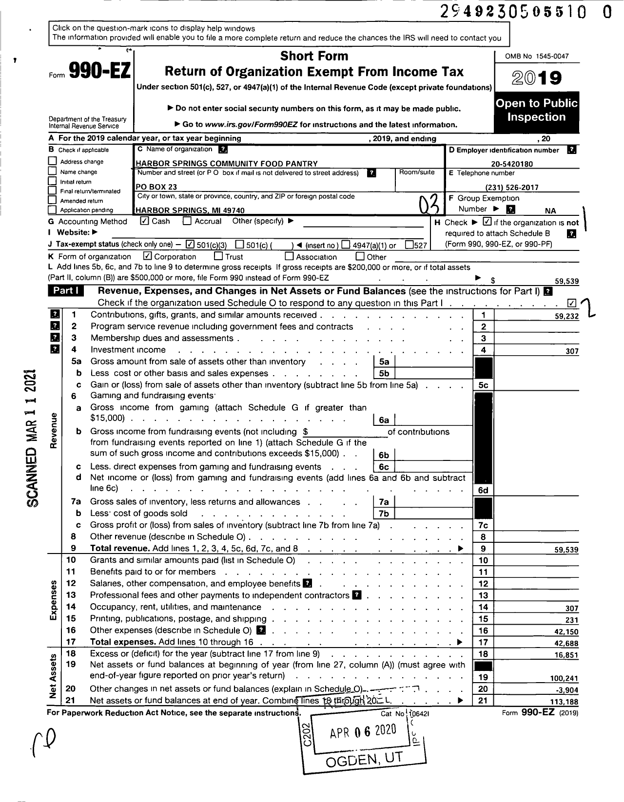 Image of first page of 2019 Form 990EZ for Harbor Springs Community Food Pantry