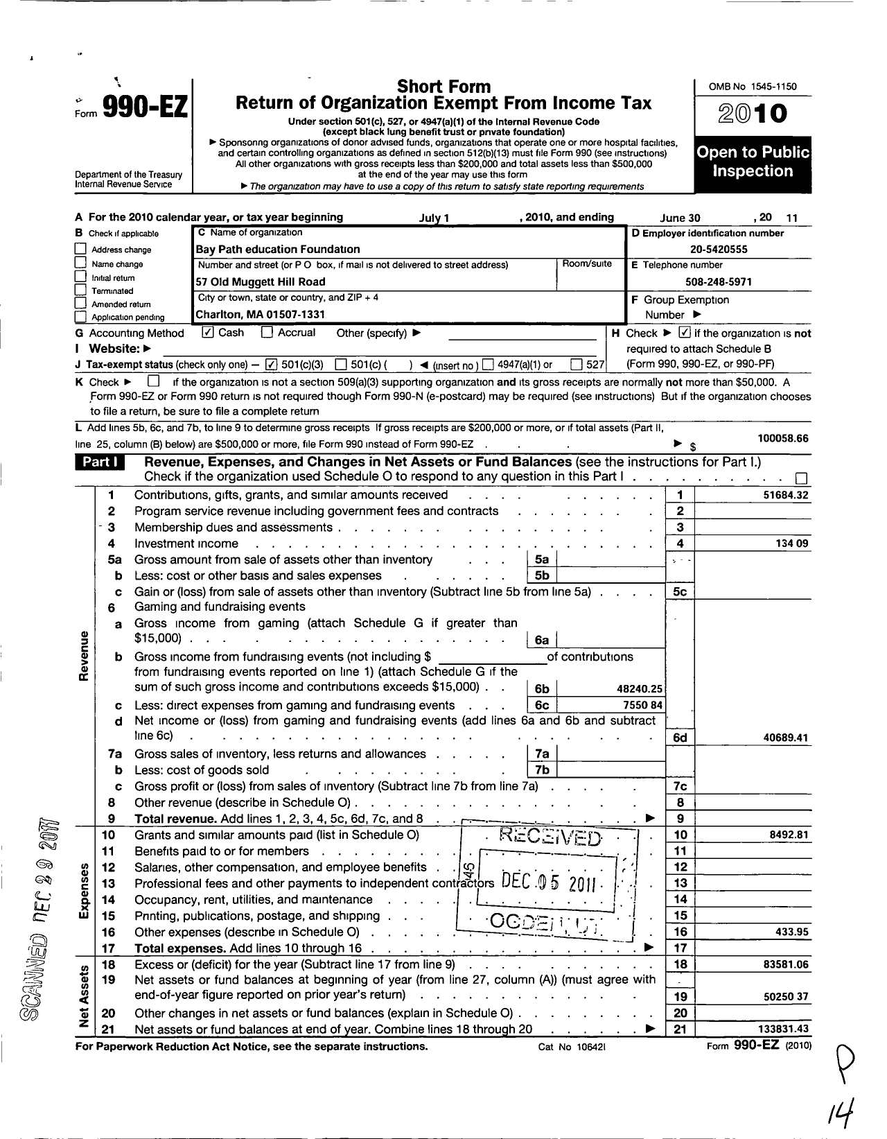 Image of first page of 2010 Form 990EZ for Bay Path Education Foundation