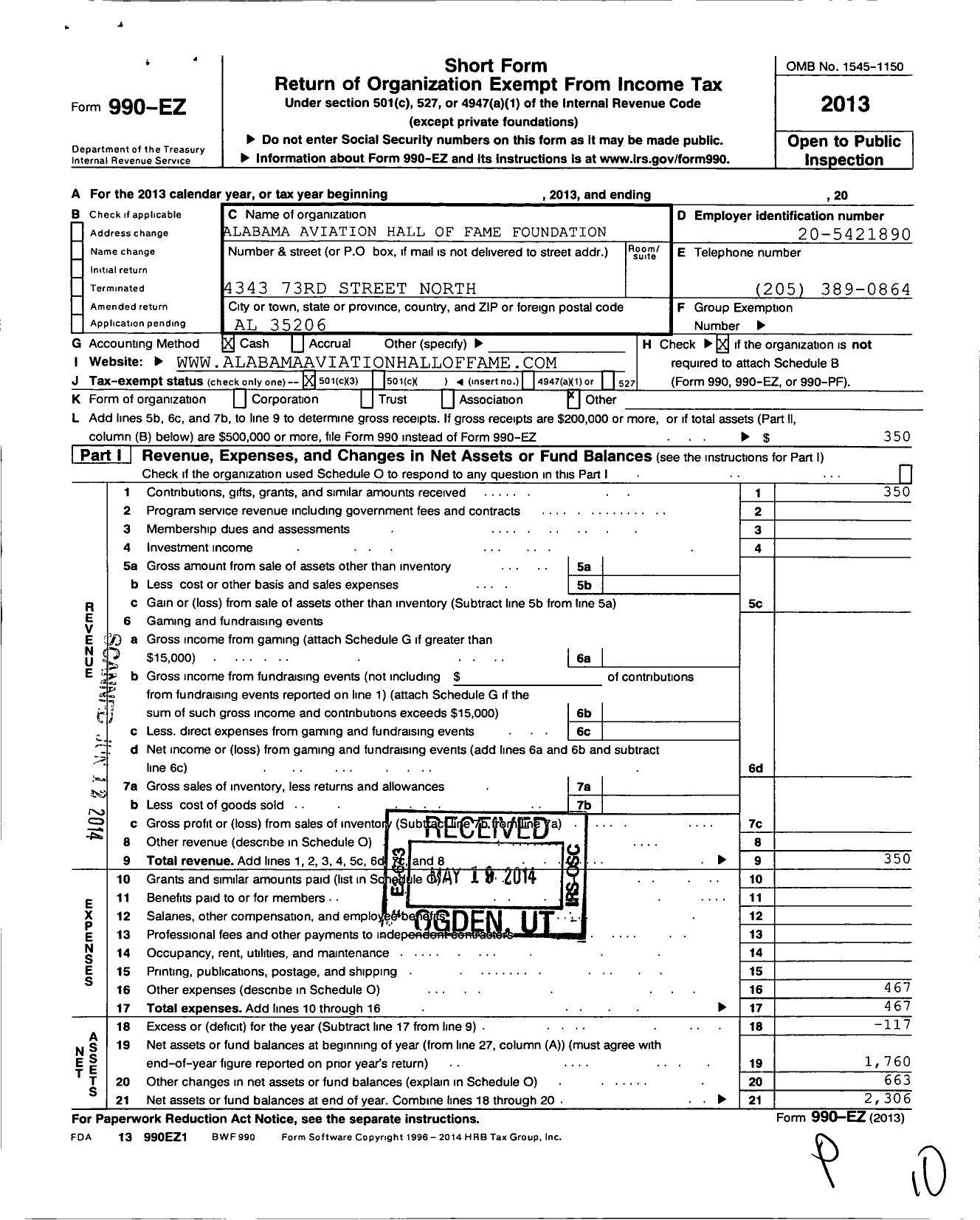 Image of first page of 2013 Form 990EZ for Alabama Aviation Hall of Fame Foundation