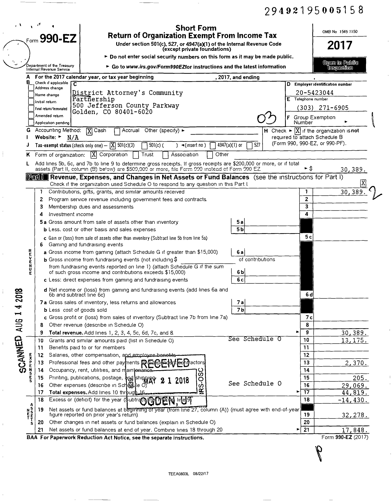 Image of first page of 2017 Form 990EZ for District Attorneys Community Partnership