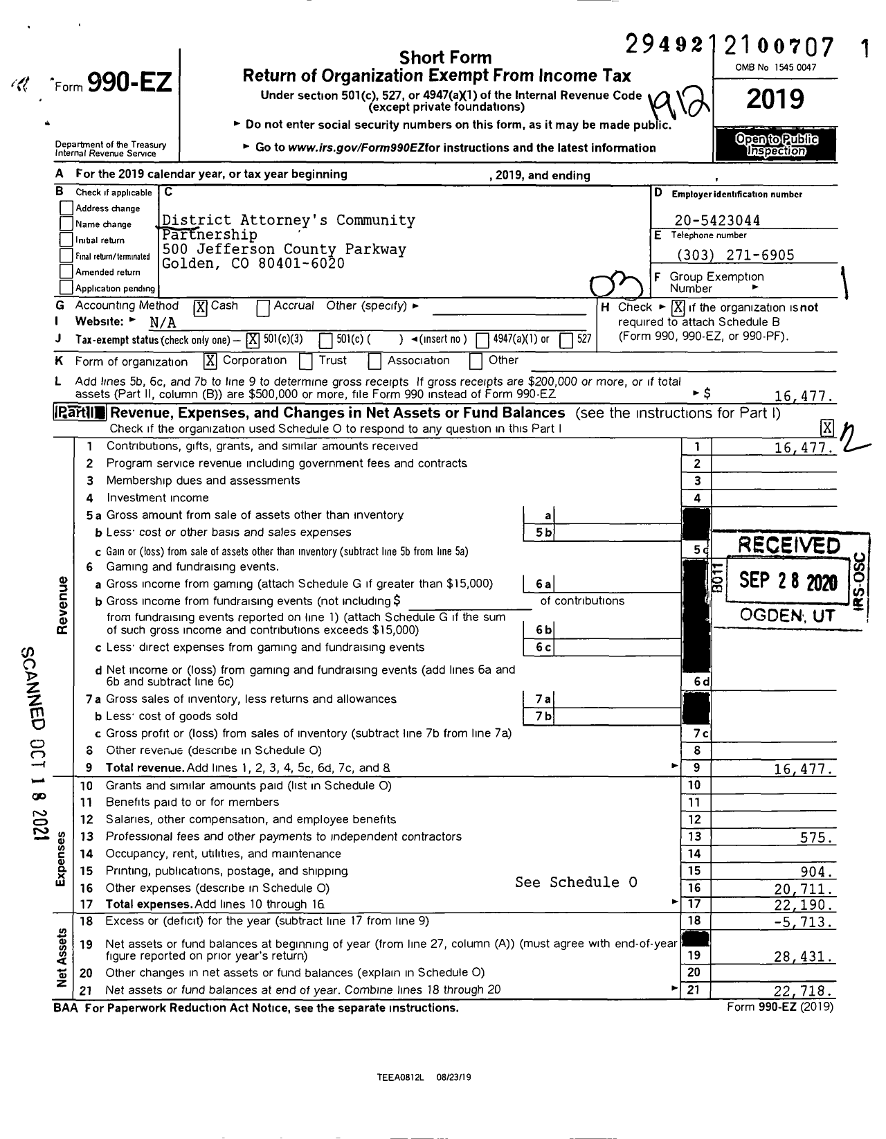 Image of first page of 2019 Form 990EZ for District Attorneys Community Partnership