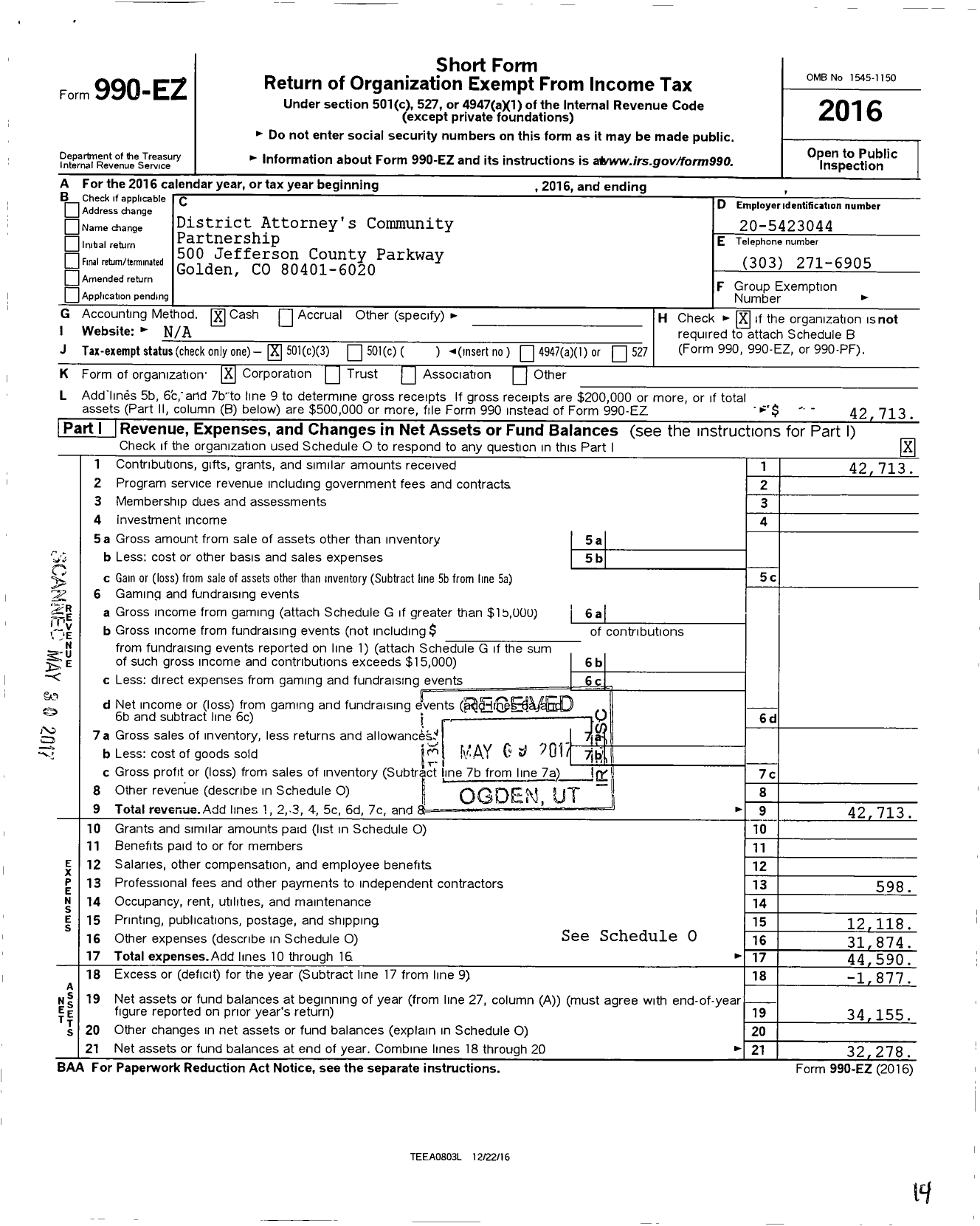 Image of first page of 2016 Form 990EZ for District Attorneys Community Partnership