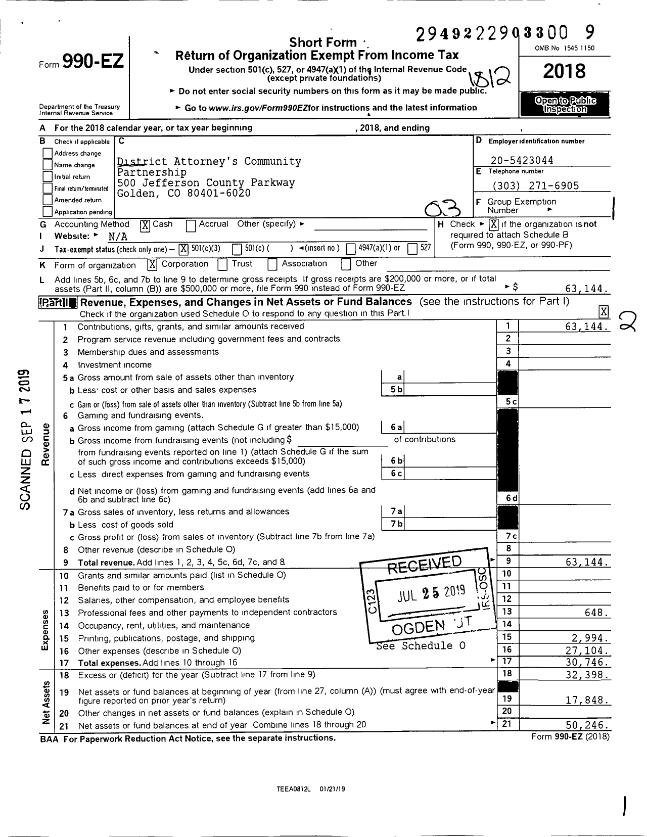 Image of first page of 2018 Form 990EZ for District Attorneys Community Partnership