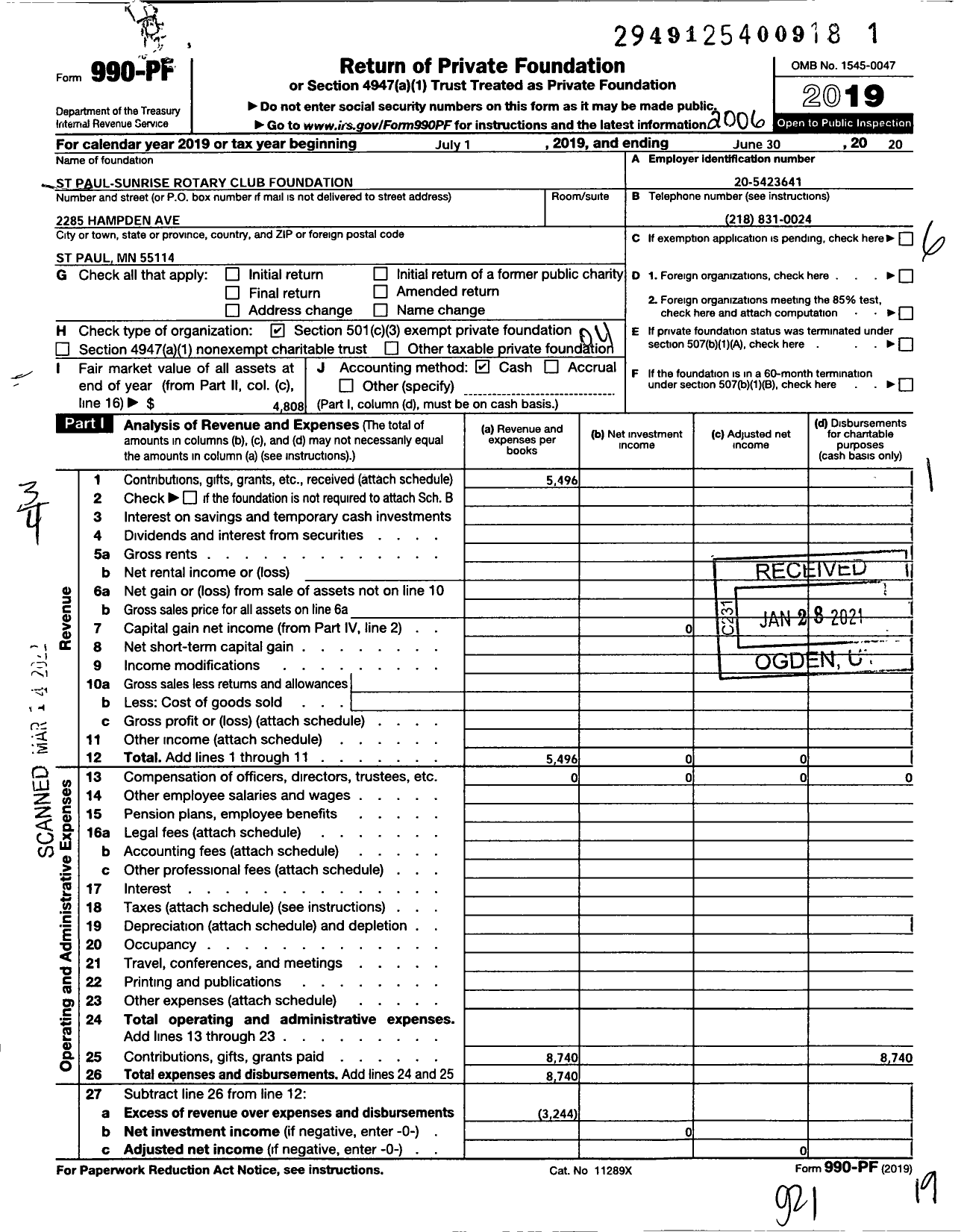 Image of first page of 2019 Form 990PF for St Paul-Sunrise Rotary Club Foundation