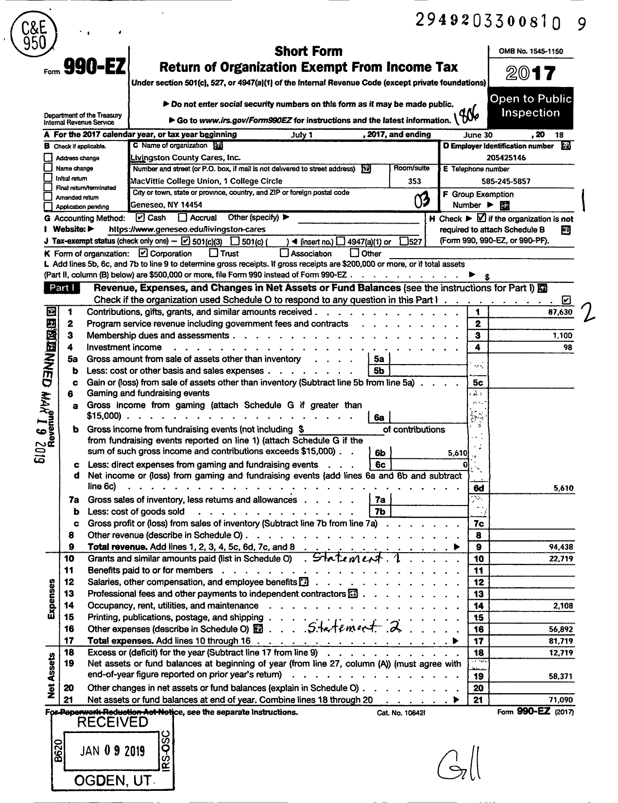 Image of first page of 2017 Form 990EZ for Livingston County Cares