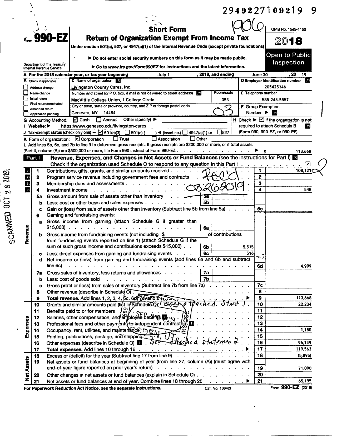 Image of first page of 2018 Form 990EZ for Livingston County Cares