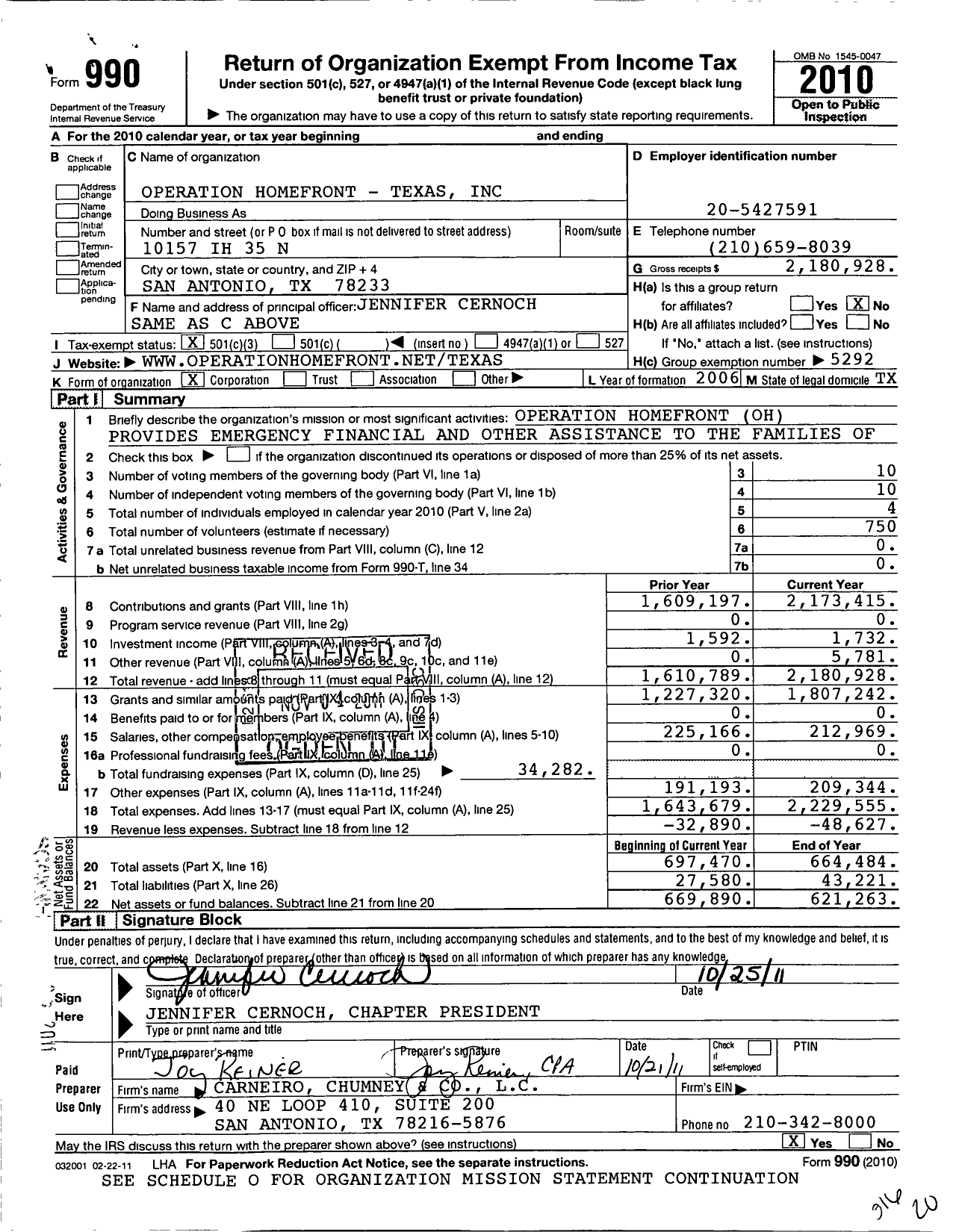 Image of first page of 2010 Form 990 for Operation Homefront / Texas Inc