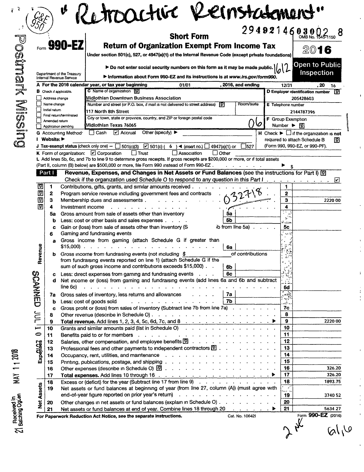 Image of first page of 2016 Form 990EO for Midlothian Downtown Business Businessassociation