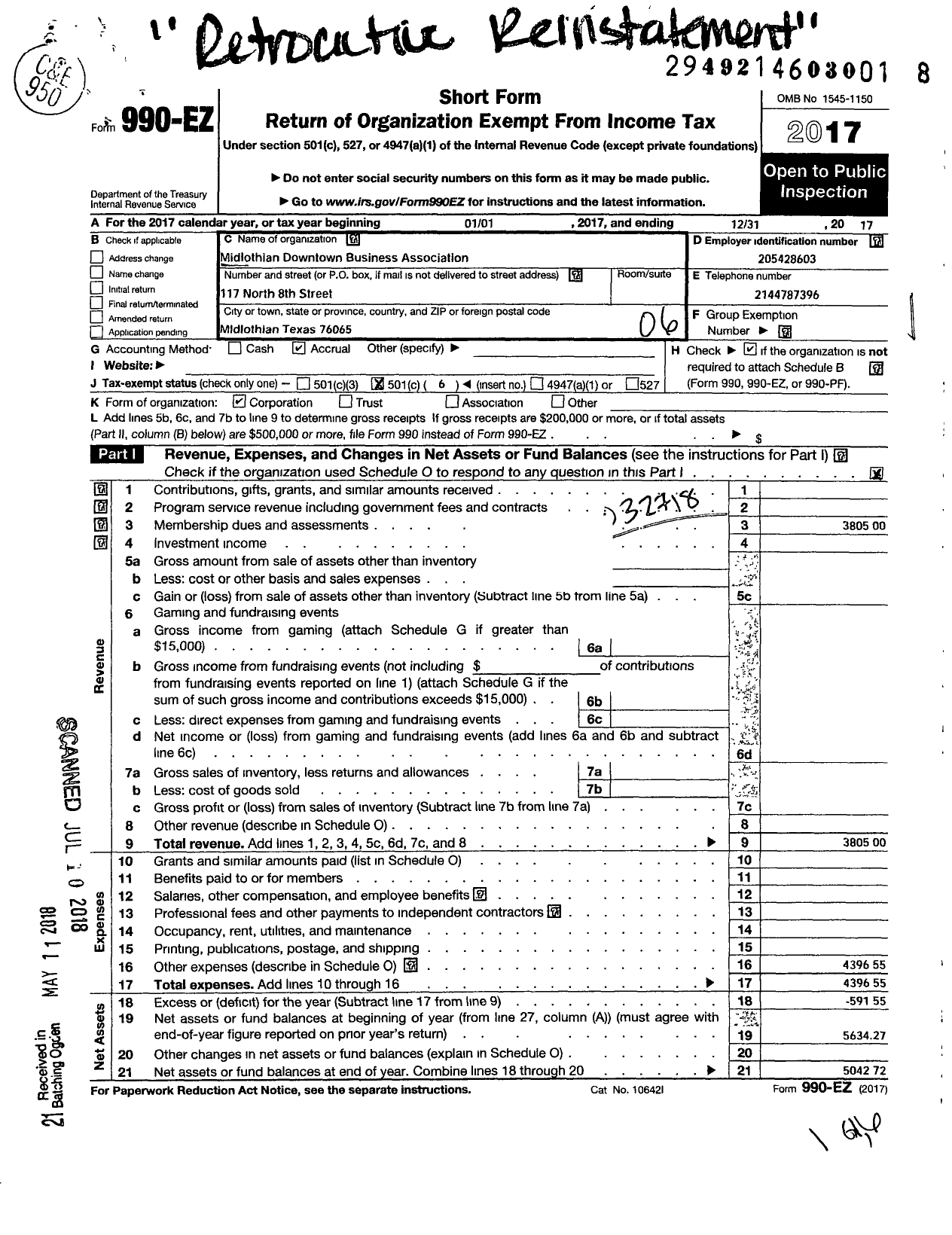 Image of first page of 2017 Form 990EO for Midlothian Downtown Business Businessassociation