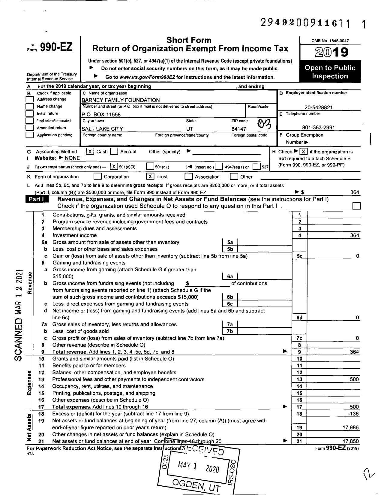 Image of first page of 2019 Form 990EZ for Barney Family Foundation