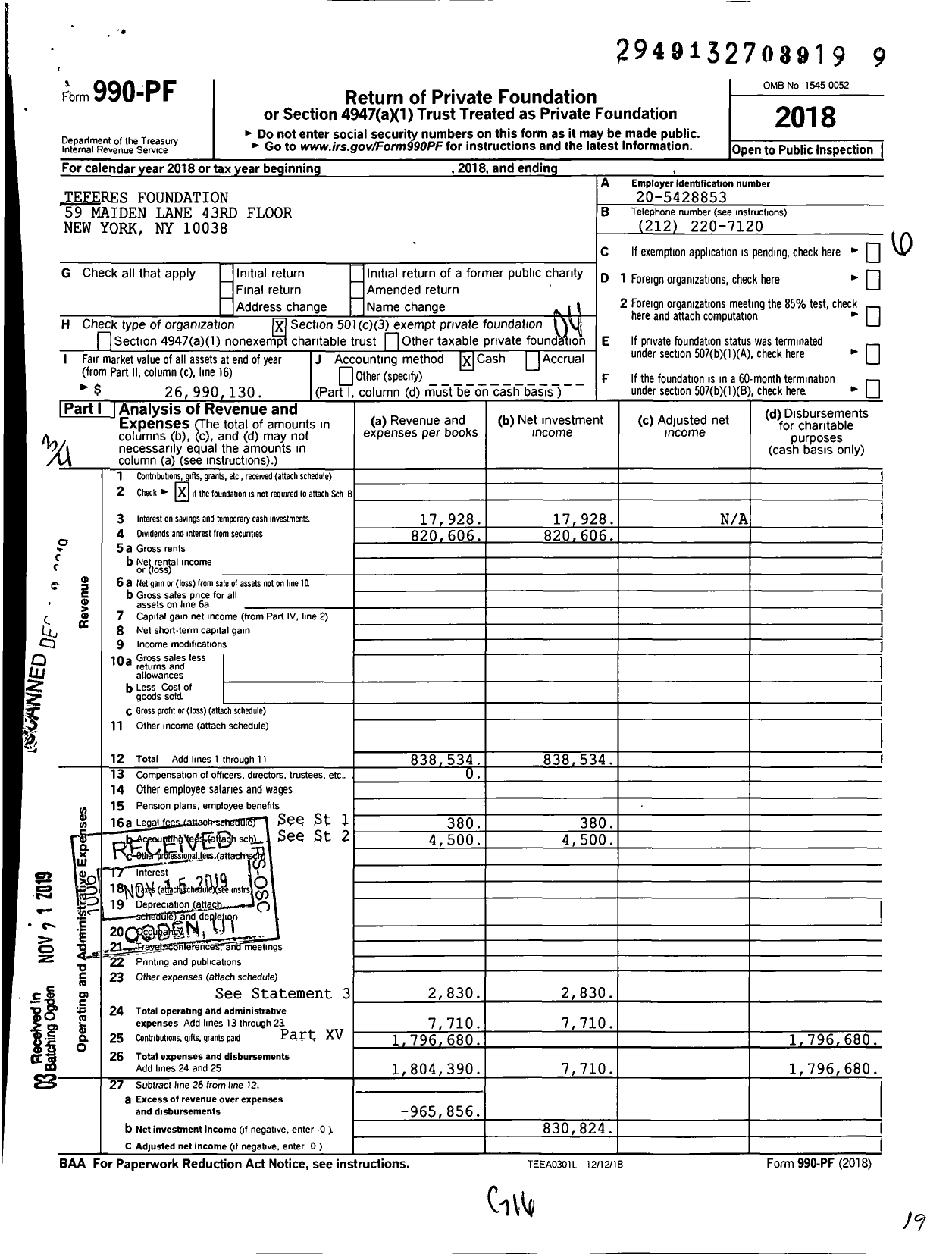 Image of first page of 2018 Form 990PF for Teferes Foundation