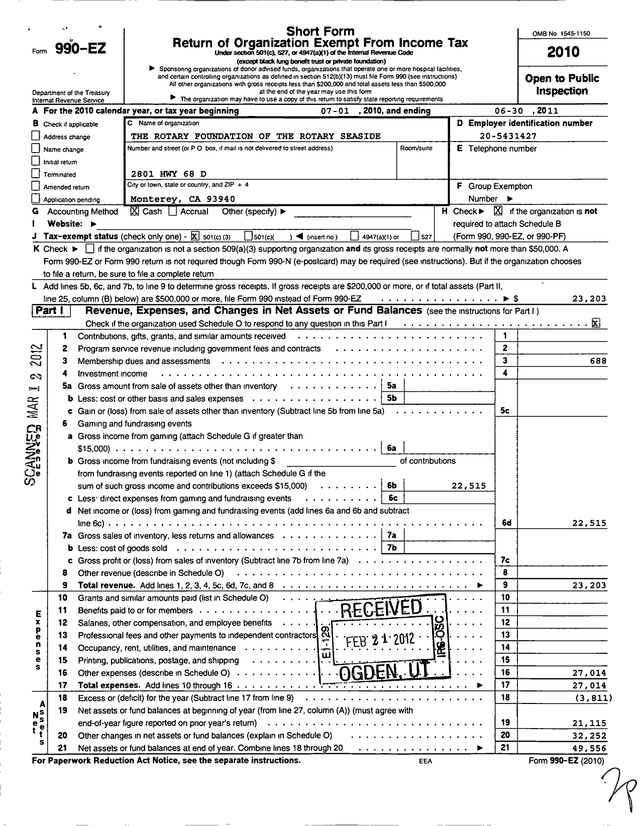 Image of first page of 2010 Form 990EZ for The Rotary Foundation of the Rotary Club of Seaside