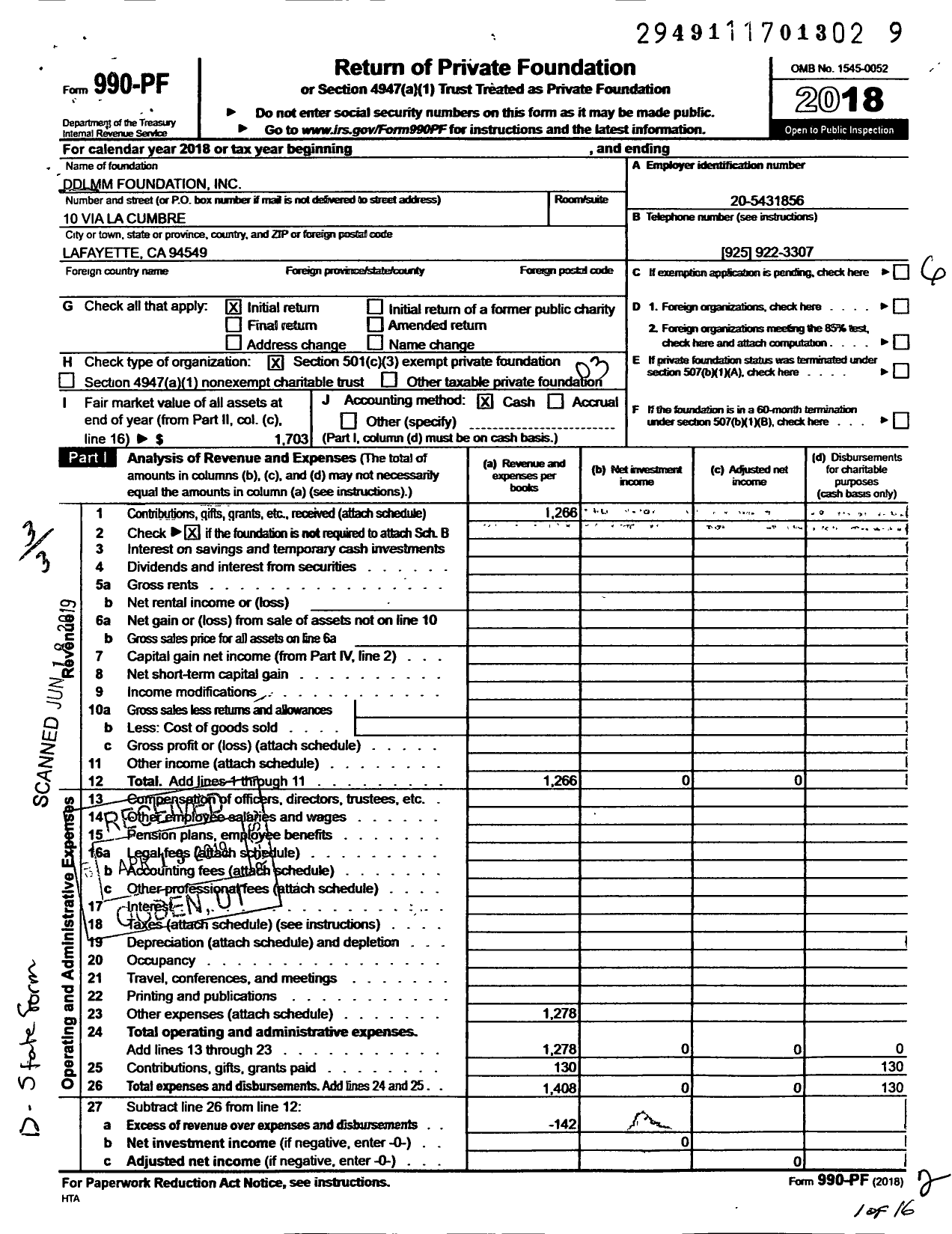 Image of first page of 2018 Form 990PF for DDLMM Foundation