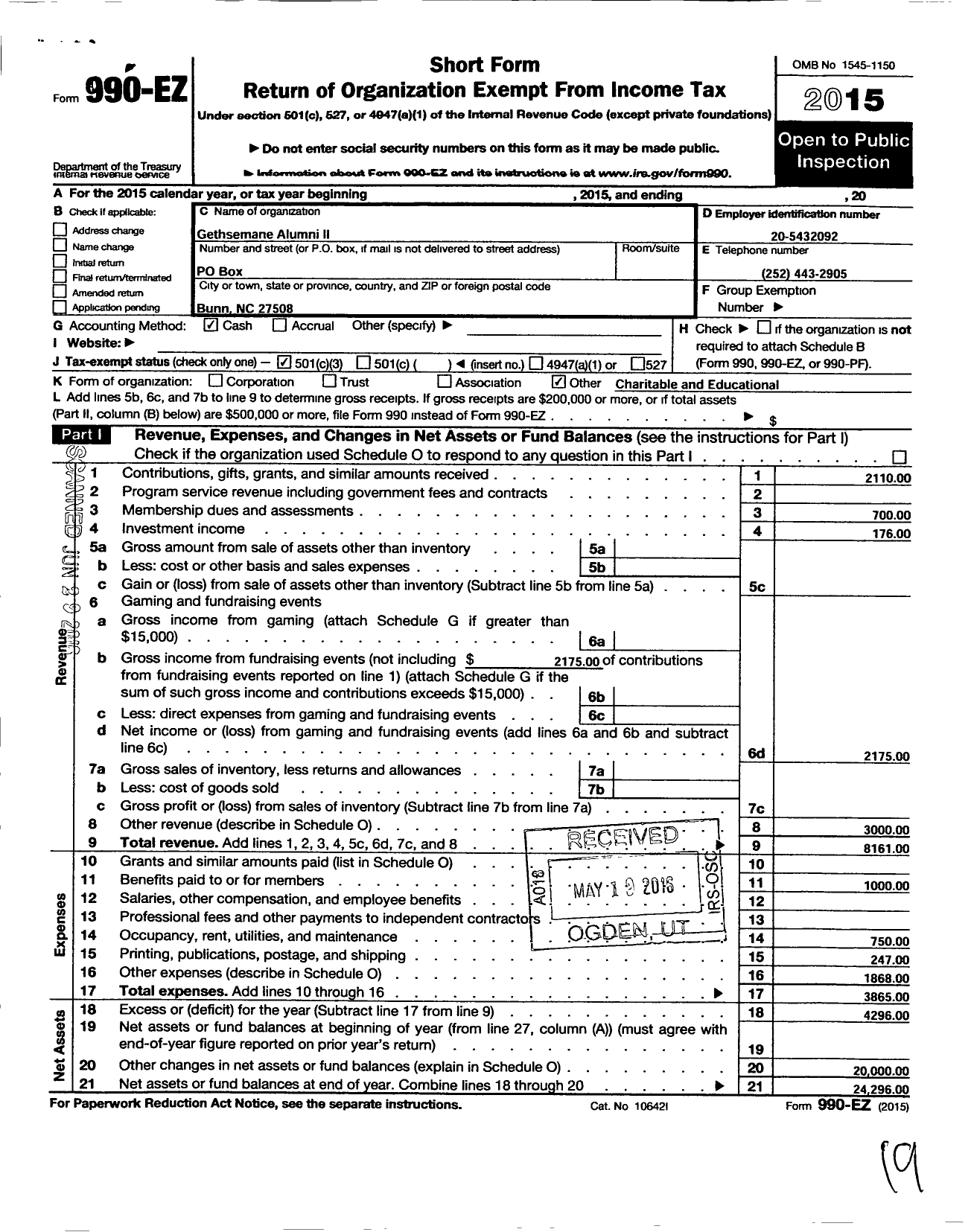 Image of first page of 2015 Form 990EZ for Gethsemane Alumni Ii