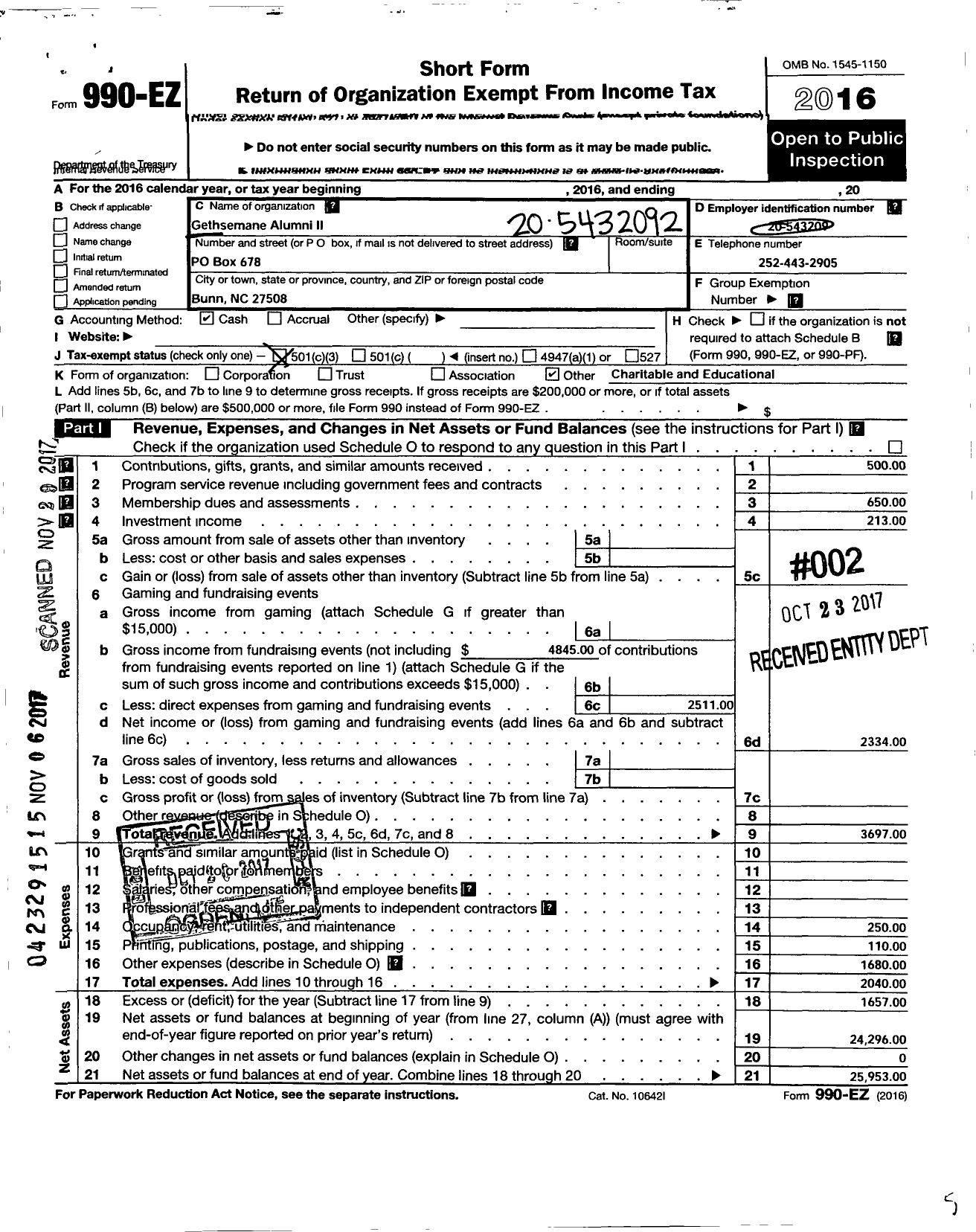 Image of first page of 2016 Form 990EZ for Gethsemane Alumni Ii